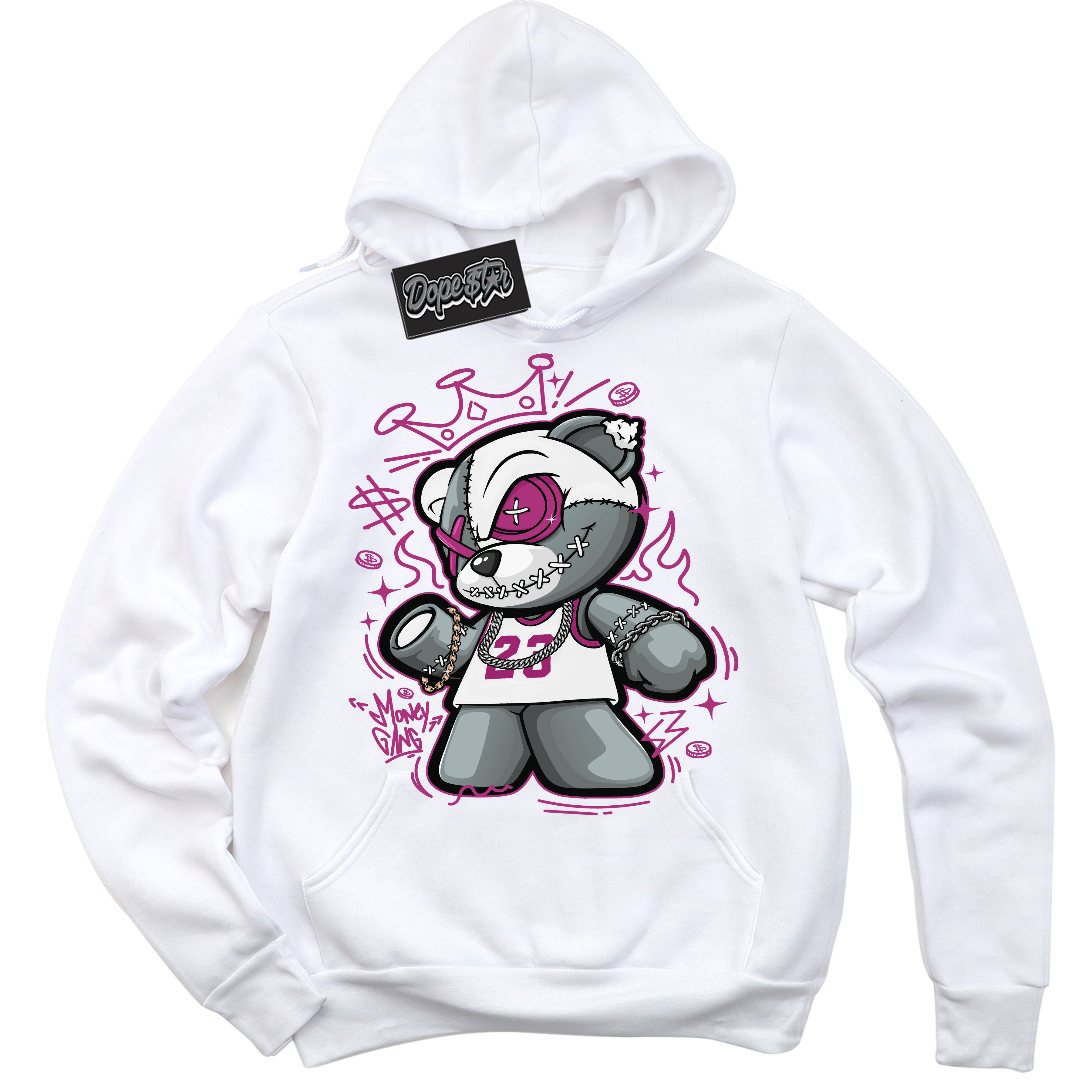 Dunk Low Next Nature Hot Fuchsia Dunk 'Money Gang Bear' Hoodie - White Streetwear Mockup | Sneakerhead Sweatshirt Matching Dunk Low Next Nature Hot Fuchsia Dunk | Money Gang Bear Urban Streetwear for Sneaker Matching OOTD | Outfits that pair perfectly with your ND Low Next Nature Hot Fuchsia Dunk | Sneakerhead Fashion Must-Have Apparel for Men and Women.