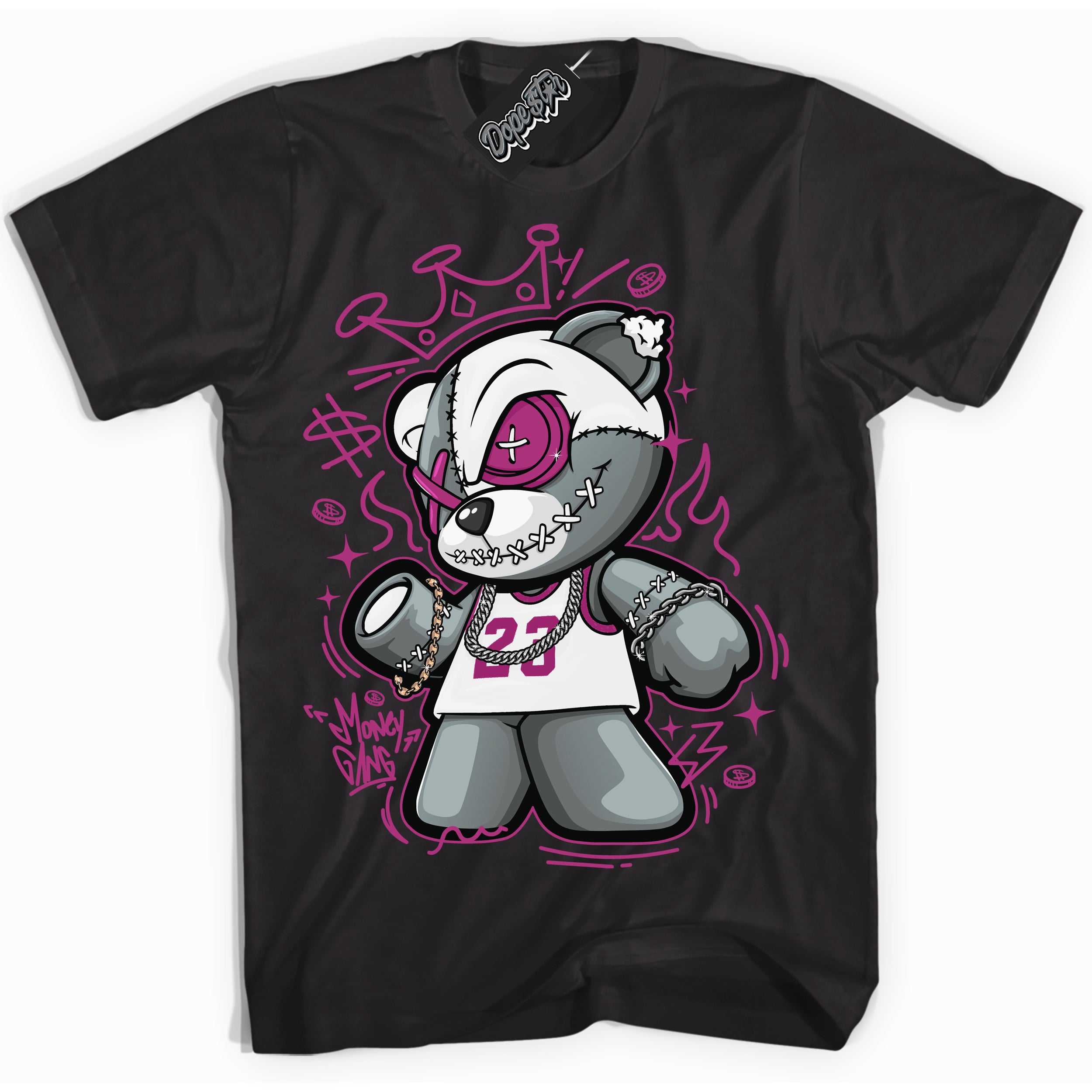 Dunk Low Next Nature Hot Fuchsia Dunk 'Money Gang Bear' Shirt - Black Streetwear Mockup | Sneakerhead T-Shirt Matching Dunk Low Next Nature Hot Fuchsia Dunk | Money Gang Bear Urban Streetwear for Sneaker Matching OOTD | Outfits that pair perfectly with your ND Low Next Nature Hot Fuchsia Dunk | Sneakerhead Fashion Must-Have Apparel for Men and Women.