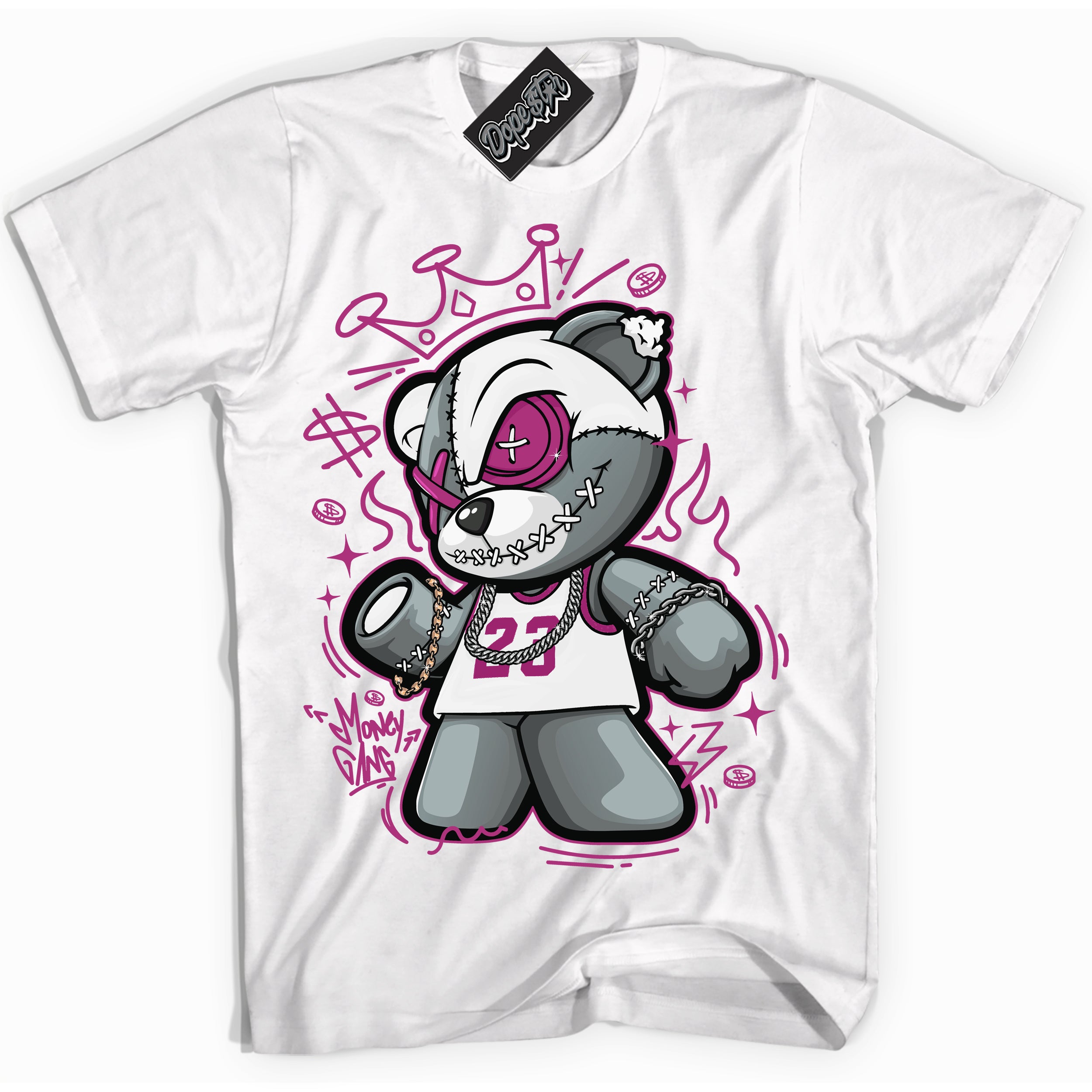 Dunk Low Next Nature Hot Fuchsia Dunk 'Money Gang Bear' Shirt - White Streetwear Mockup | Sneakerhead T-Shirt Matching Dunk Low Next Nature Hot Fuchsia Dunk | Money Gang Bear Urban Streetwear for Sneaker Matching OOTD | Outfits that pair perfectly with your ND Low Next Nature Hot Fuchsia Dunk | Sneakerhead Fashion Must-Have Apparel for Men and Women.