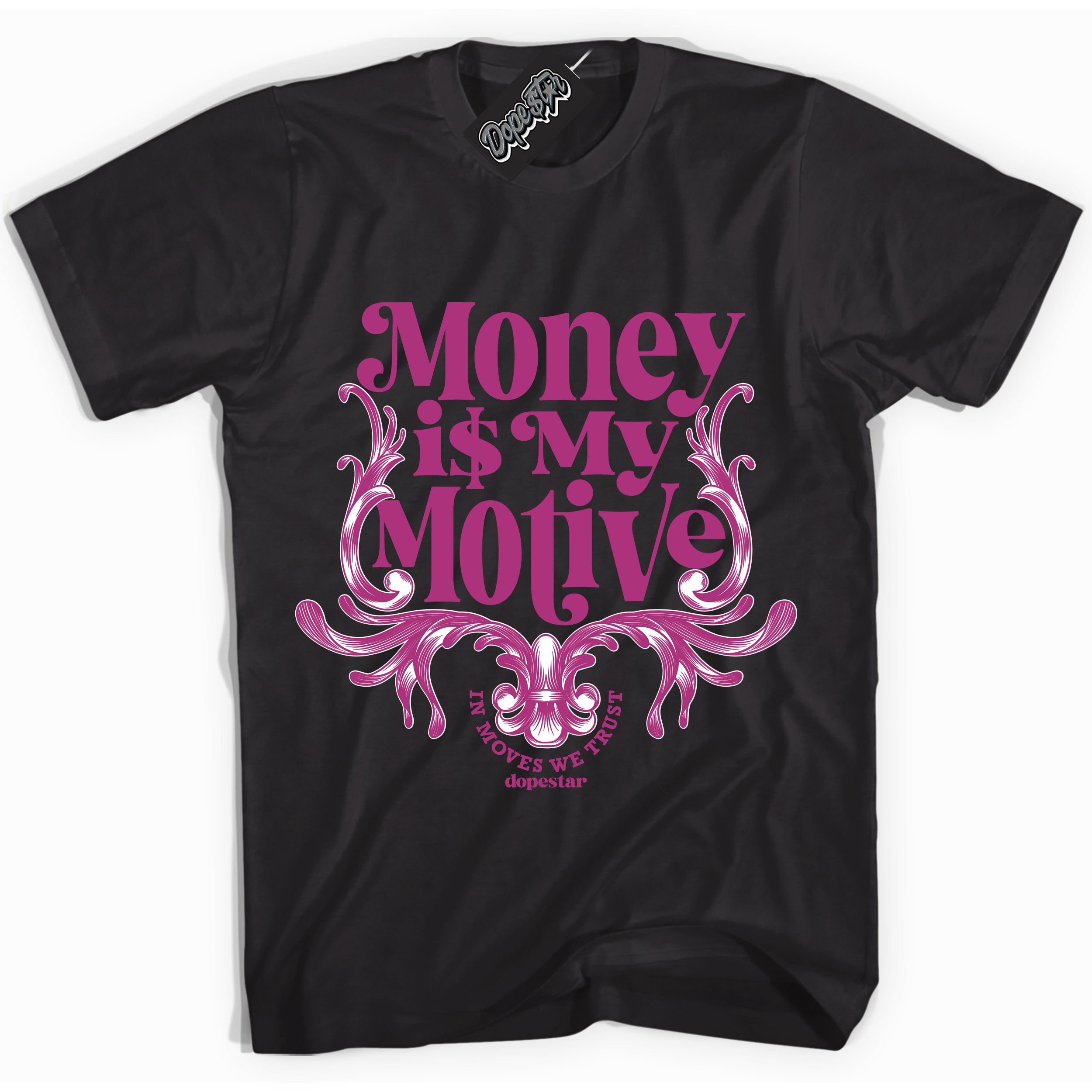 Dunk Low Next Nature Hot Fuchsia 'Money Is My Motive' Shirt – Black Streetwear Mockup | Sneakerhead Tee Matching Dunk | Urban Streetwear OOTD | Must-Have Fashion for Men & Women.