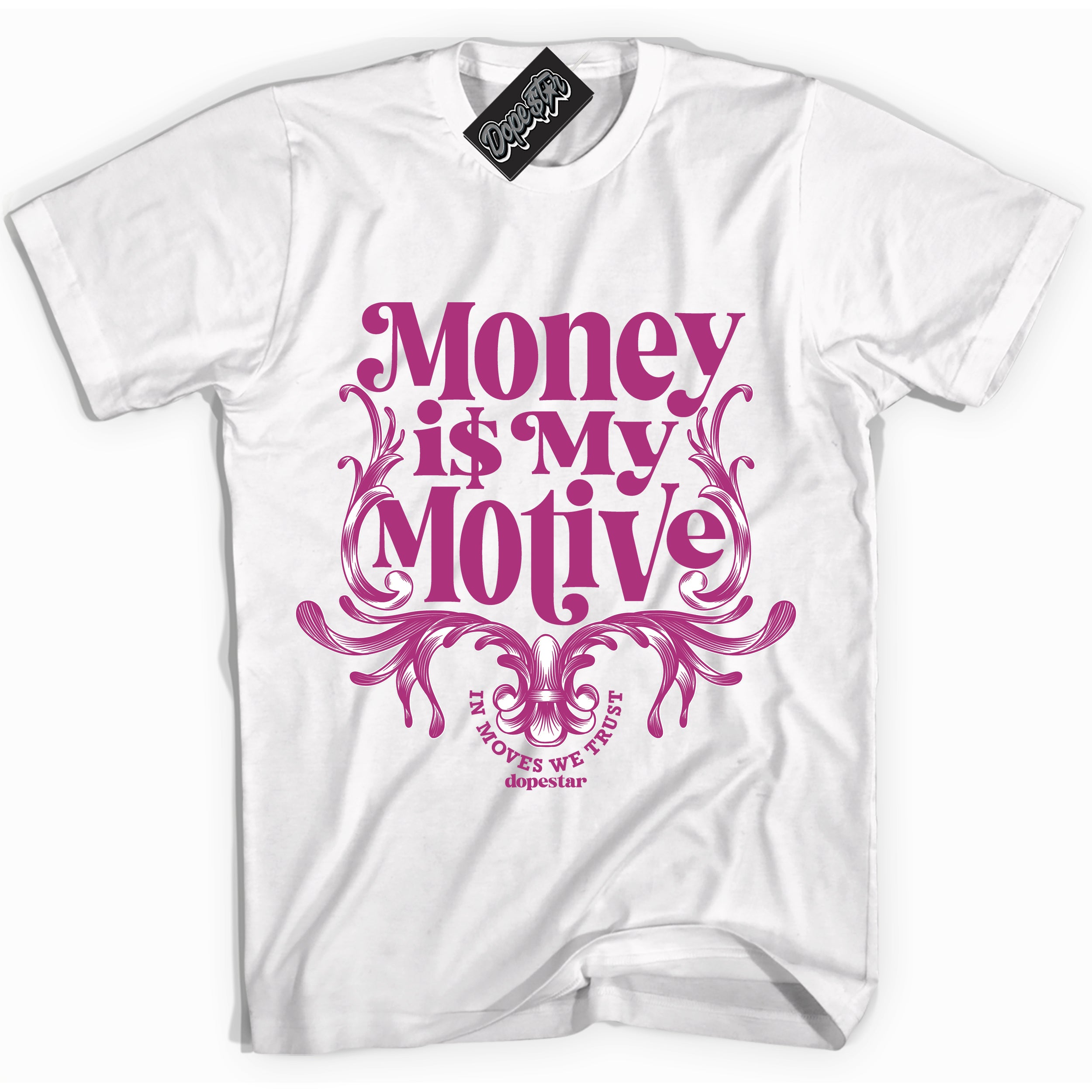 Dunk Low Next Nature Hot Fuchsia 'Money Is My Motive' Shirt – White Streetwear Mockup | Sneakerhead Tee Matching Dunk | Urban Streetwear OOTD | Must-Have Fashion for Men & Women.