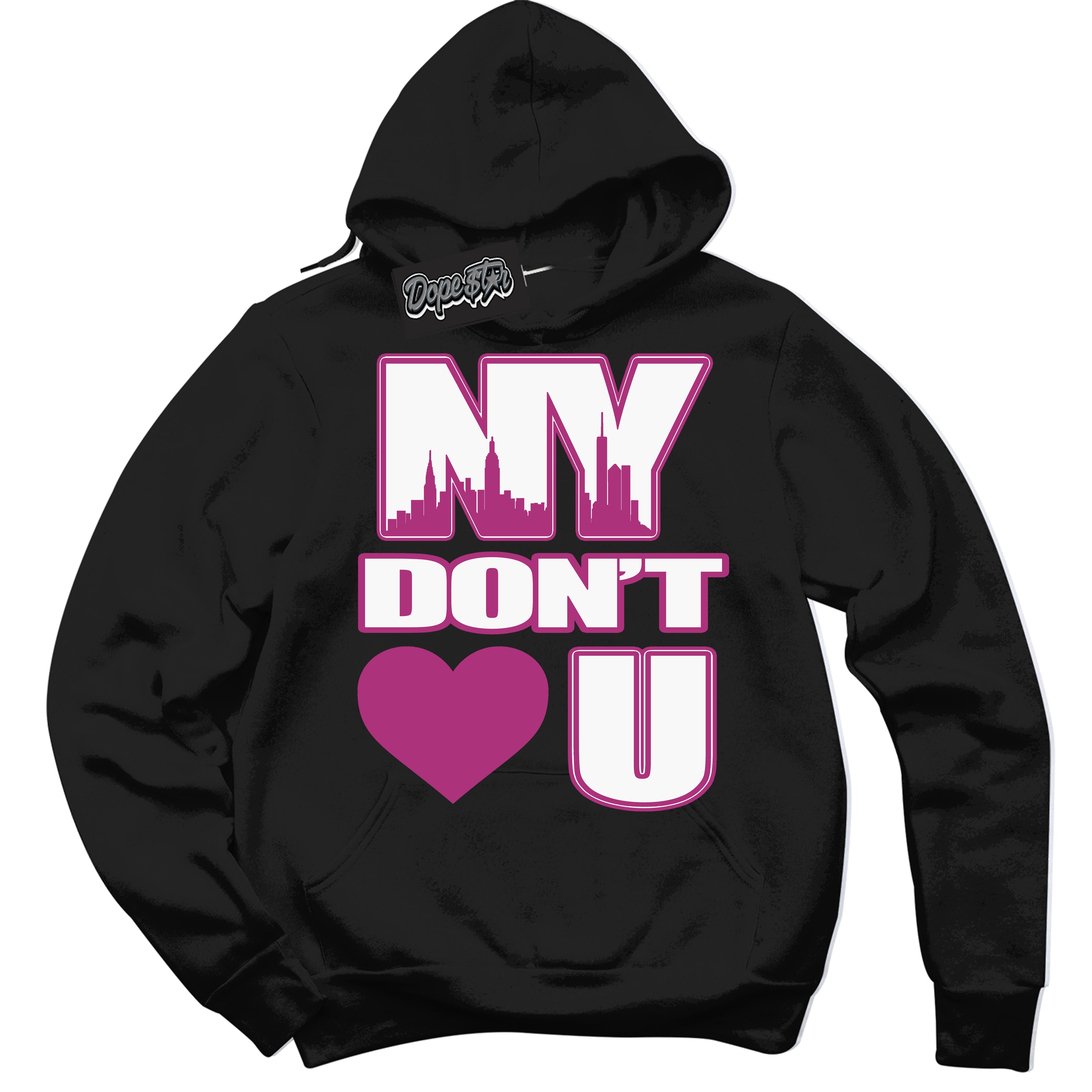 Dunk Low Next Nature Hot Fuchsia 'NY Don't Love You' Hoodie – Black Streetwear Sweatshirt | Sneaker Matching Hoodie for Dunk Low Hot Fuchsia | Urban Fashion for Sneakerheads | Men's & Women's Streetwear Outfit by Sneaker Shirts Outlet.