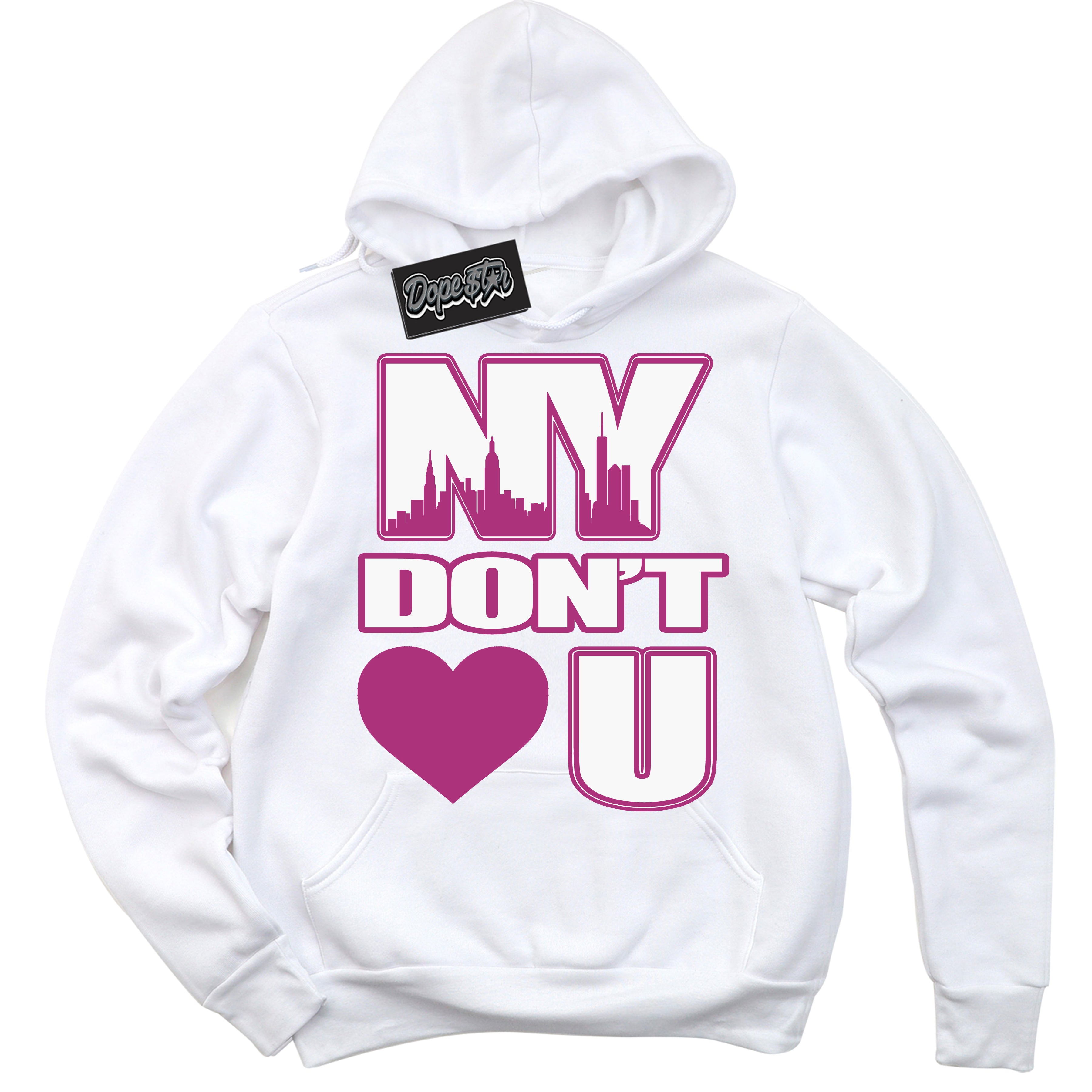 Dunk Low Next Nature Hot Fuchsia 'NY Don't Love You' Hoodie – White Streetwear Sweatshirt | Sneaker Matching Hoodie for Dunk Low Hot Fuchsia | Urban Fashion for Sneakerheads | Men's & Women's Streetwear Outfit by Sneaker Shirts Outlet.