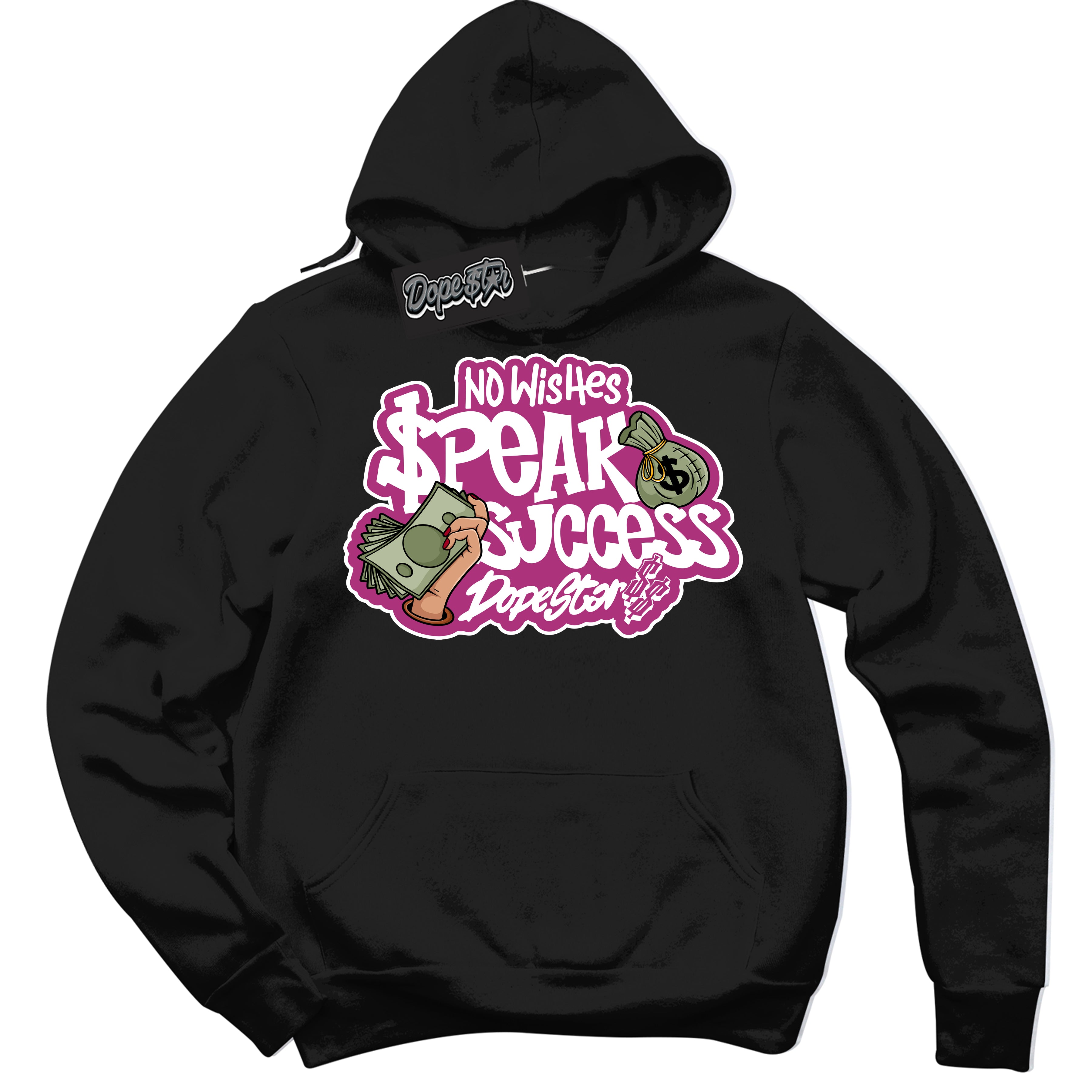 Dunk Low Next Nature Hot Fuchsia Dunk 'No Wish Speak Success' Hoodie - Black Streetwear Mockup | Sneakerhead Sweatshirt Matching Dunk Low Next Nature Hot Fuchsia Dunk | No Wish Speak Success Urban Streetwear for Sneaker Matching OOTD | Outfits that pair perfectly with your ND Low Next Nature Hot Fuchsia Dunk | Sneakerhead Fashion Must-Have Apparel for Men and Women.