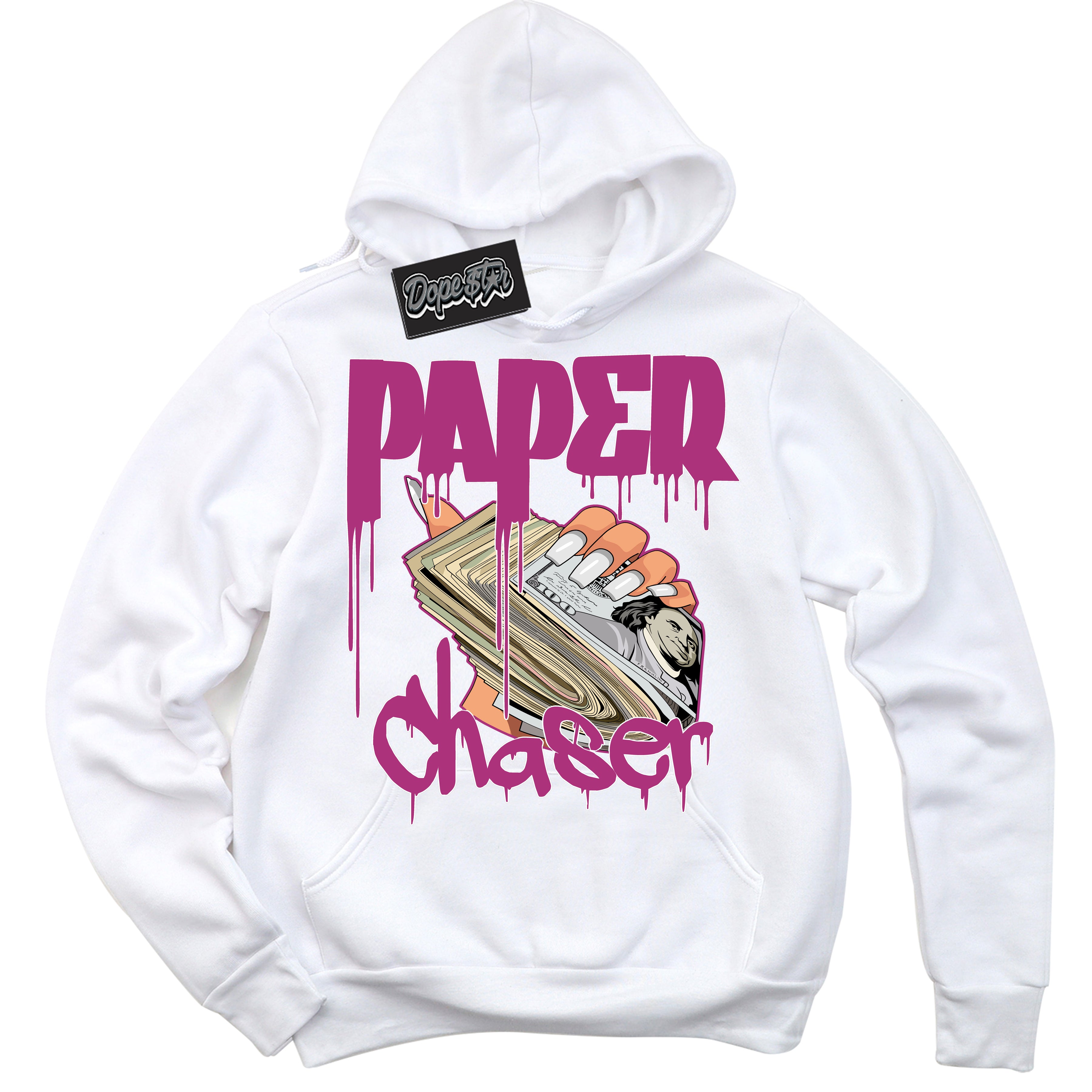 Dunk Low Next Nature Hot Fuchsia Dunk 'Paper Chaser' Hoodie - White Streetwear Mockup | Sneakerhead Sweatshirt Matching Dunk Low Next Nature Hot Fuchsia Dunk | Paper Chaser Urban Streetwear for Sneaker Matching OOTD | Outfits that pair perfectly with your ND Low Next Nature Hot Fuchsia Dunk | Sneakerhead Fashion Must-Have Apparel for Men and Women.