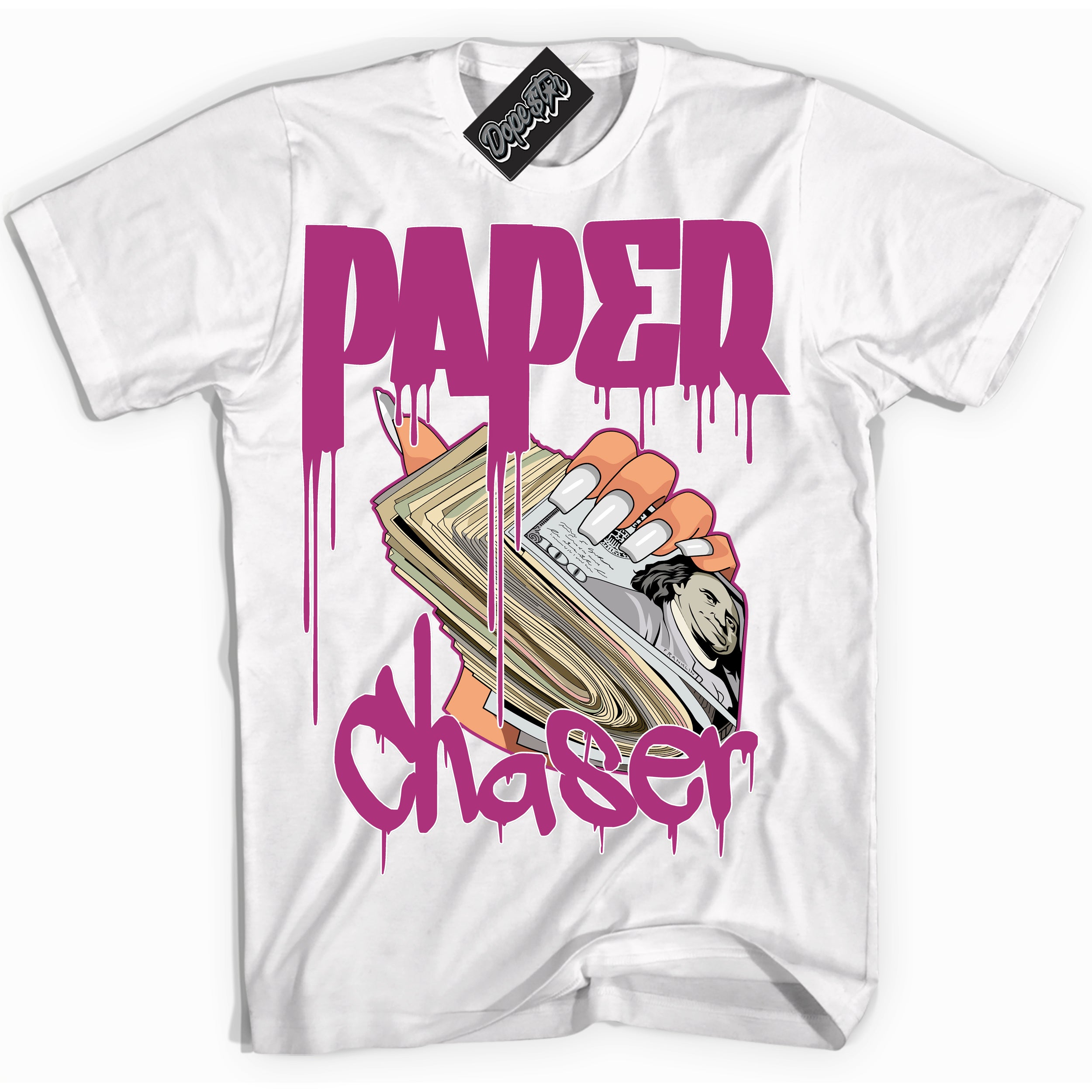 Dunk Low Next Nature Hot Fuchsia Dunk 'Paper Chaser' Shirt - White Streetwear Mockup | Sneakerhead T-Shirt Matching Dunk Low Next Nature Hot Fuchsia Dunk | Paper Chaser Urban Streetwear for Sneaker Matching OOTD | Outfits that pair perfectly with your ND Low Next Nature Hot Fuchsia Dunk | Sneakerhead Fashion Must-Have Apparel for Men and Women.