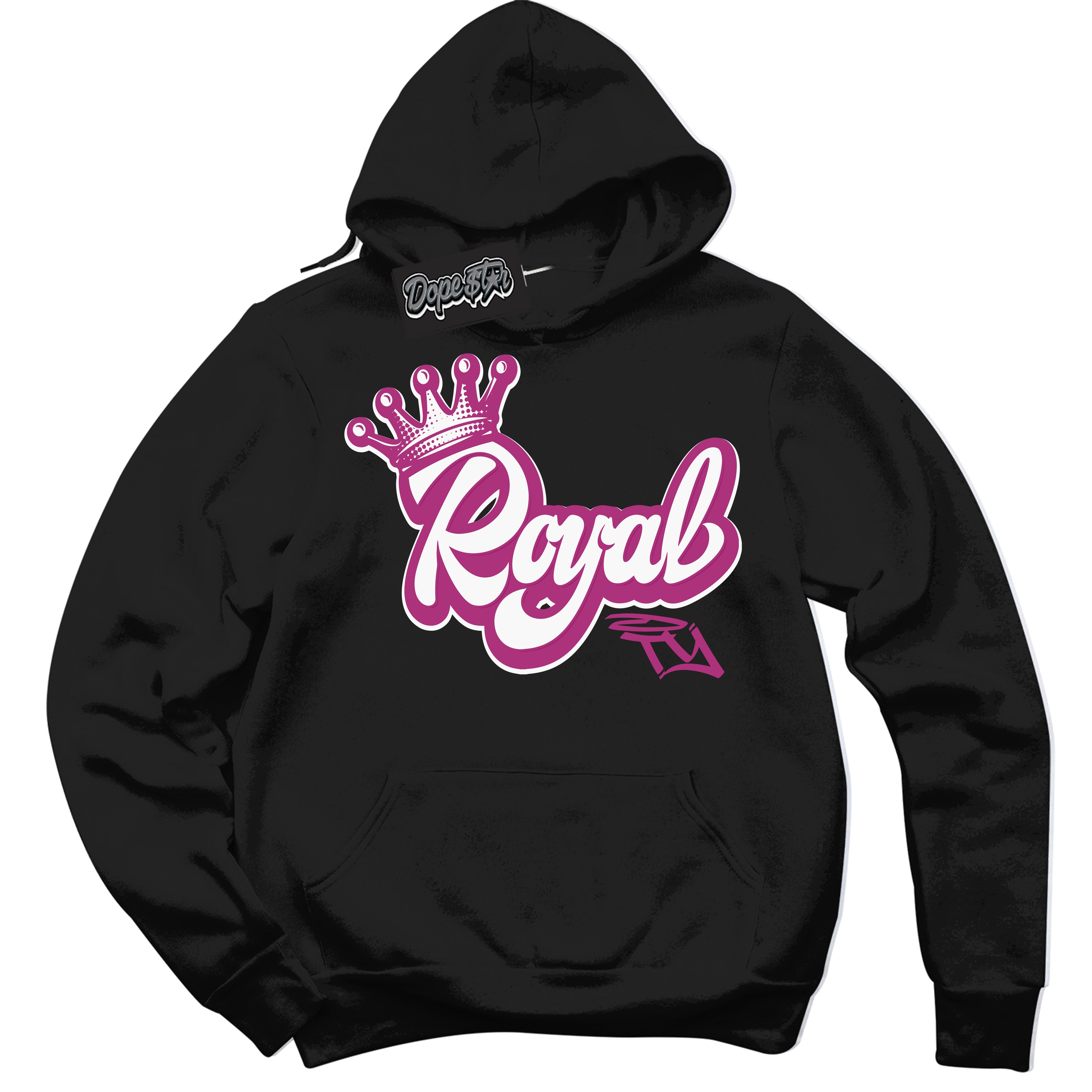 Dunk Low Next Nature Hot Fuchsia Dunk 'Royalty' Hoodie - Black Streetwear Mockup | Sneakerhead Sweatshirt Matching Dunk Low Next Nature Hot Fuchsia Dunk | Royalty Urban Streetwear for Sneaker Matching OOTD | Outfits that pair perfectly with your ND Low Next Nature Hot Fuchsia Dunk | Sneakerhead Fashion Must-Have Apparel for Men and Women.