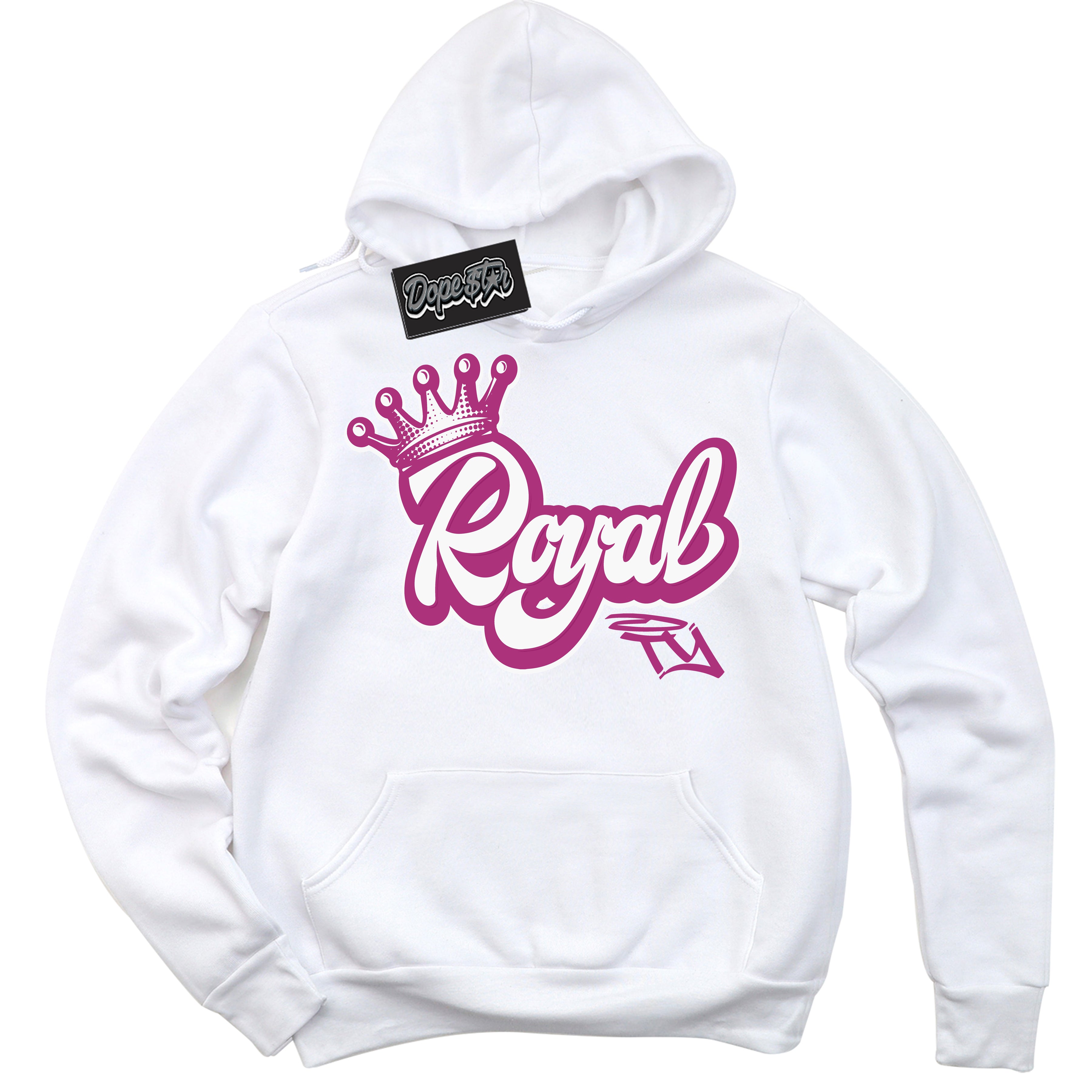 Dunk Low Next Nature Hot Fuchsia Dunk 'Royalty' Hoodie - White Streetwear Mockup | Sneakerhead Sweatshirt Matching Dunk Low Next Nature Hot Fuchsia Dunk | Royalty Urban Streetwear for Sneaker Matching OOTD | Outfits that pair perfectly with your ND Low Next Nature Hot Fuchsia Dunk | Sneakerhead Fashion Must-Have Apparel for Men and Women.