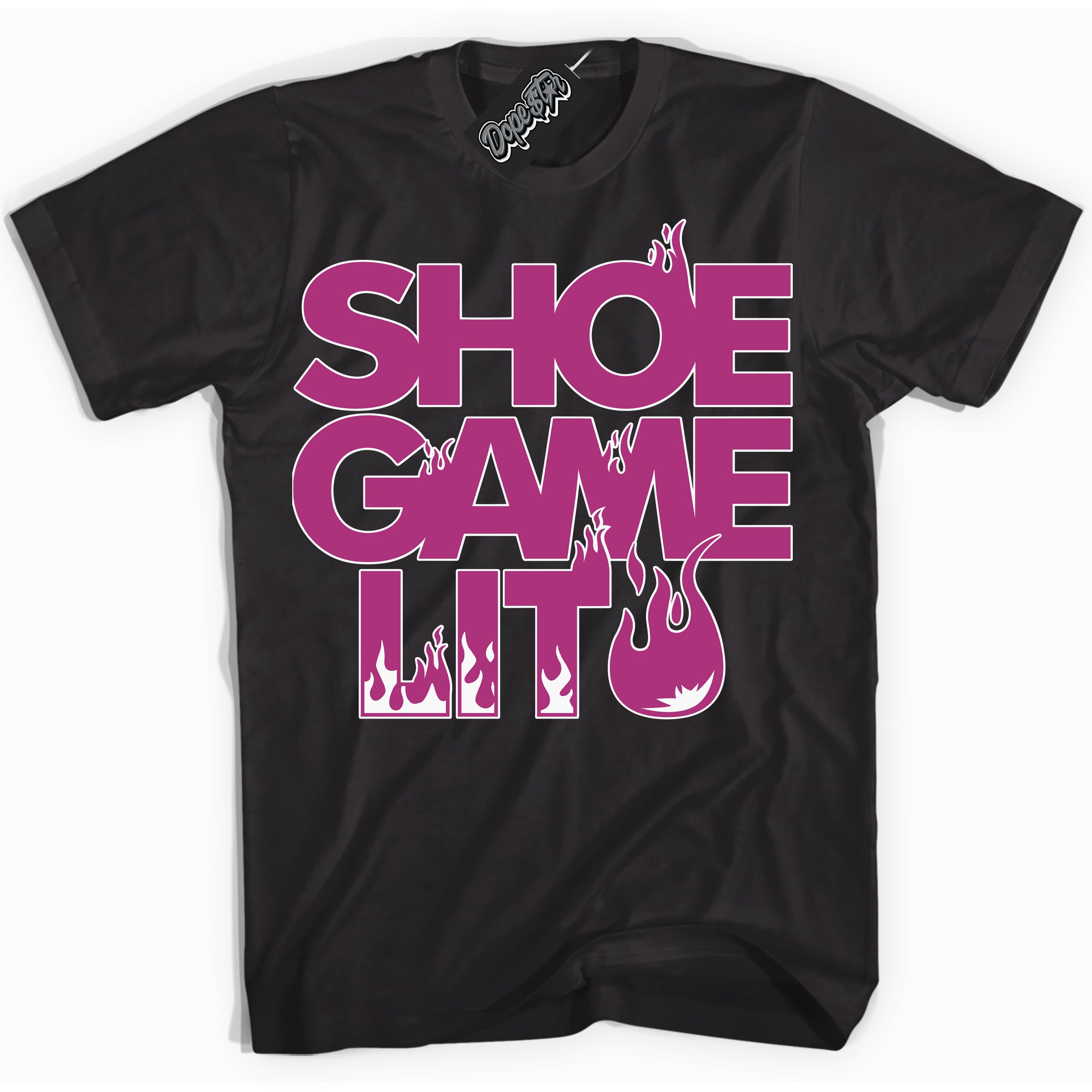 Dunk Low Next Nature Hot Fuchsia Dunk 'Shoe Game Lit' Shirt - Black Streetwear Mockup | Shoe Game Lit T-Shirt Matching Dunk Low Next Nature Hot Fuchsia Dunk | Shoe Game Lit Urban Streetwear for Sneaker Matching OOTD | Outfits that pair perfectly with your ND Low Next Nature Hot Fuchsia Dunk | Shoe Game Lit Fashion Must-Have Apparel for Men and Women.