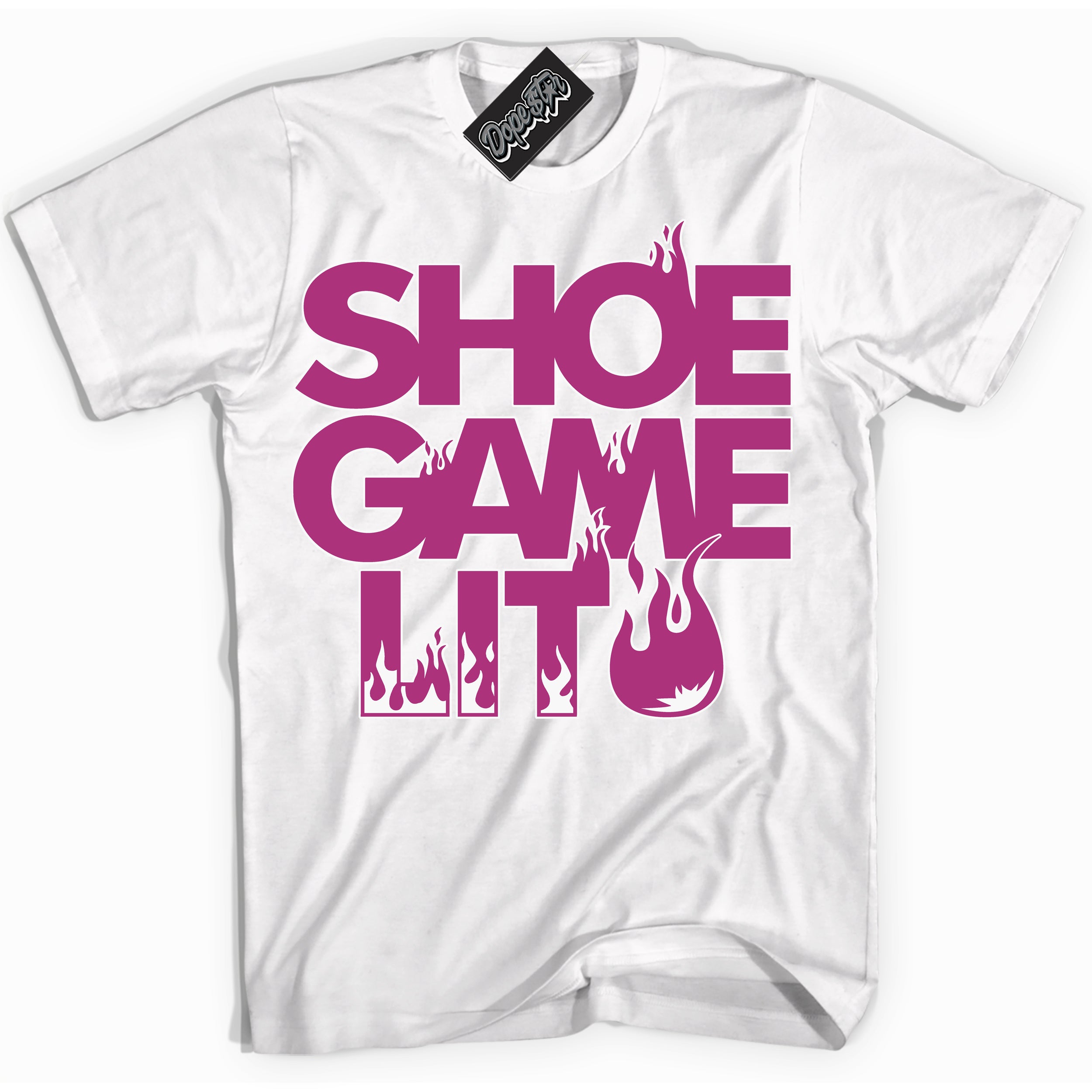 Dunk Low Next Nature Hot Fuchsia Dunk 'Shoe Game Lit' Shirt - White Streetwear Mockup | Shoe Game Lit T-Shirt Matching Dunk Low Next Nature Hot Fuchsia Dunk | Shoe Game Lit Urban Streetwear for Sneaker Matching OOTD | Outfits that pair perfectly with your ND Low Next Nature Hot Fuchsia Dunk | Shoe Game Lit Fashion Must-Have Apparel for Men and Women.