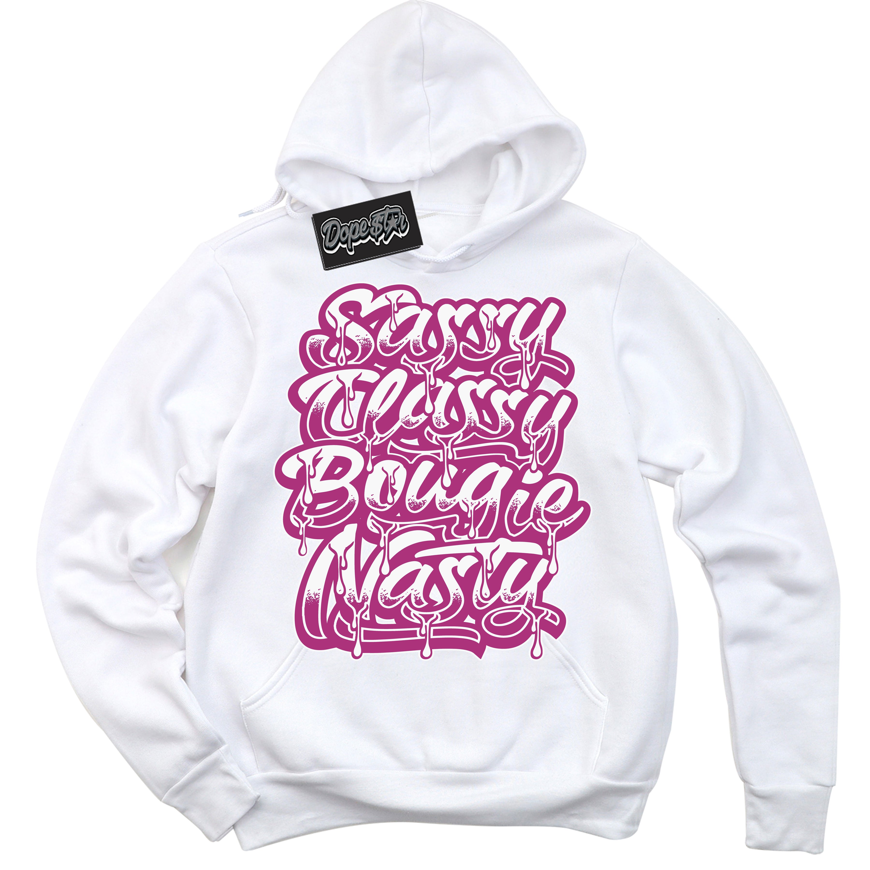 Dunk Low Next Nature Hot Fuchsia Dunk 'Sassy Classy' Hoodie - White Streetwear Mockup | Sneakerhead Sweatshirt Matching Dunk Low Next Nature Hot Fuchsia Dunk | Sassy Classy Urban Streetwear for Sneaker Matching OOTD | Outfits that pair perfectly with your ND Low Next Nature Hot Fuchsia Dunk | Sneakerhead Fashion Must-Have Apparel for Men and Women.