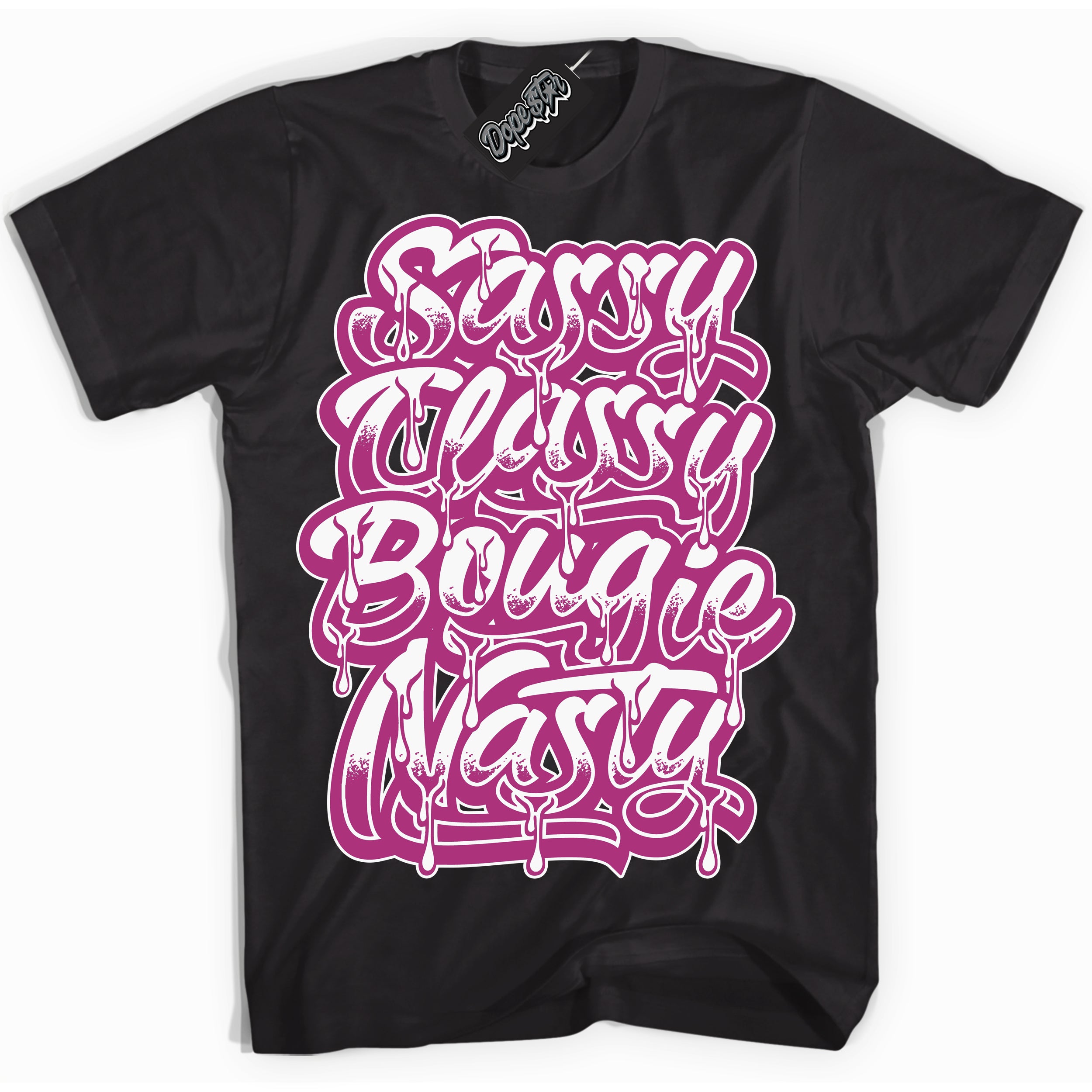 Dunk Low Next Nature Hot Fuchsia Dunk 'Sassy Classy' Shirt - Black Streetwear Mockup | Sneakerhead T-Shirt Matching Dunk Low Next Nature Hot Fuchsia Dunk | Sassy Classy Urban Streetwear for Sneaker Matching OOTD | Outfits that pair perfectly with your ND Low Next Nature Hot Fuchsia Dunk | Sneakerhead Fashion Must-Have Apparel for Men and Women.