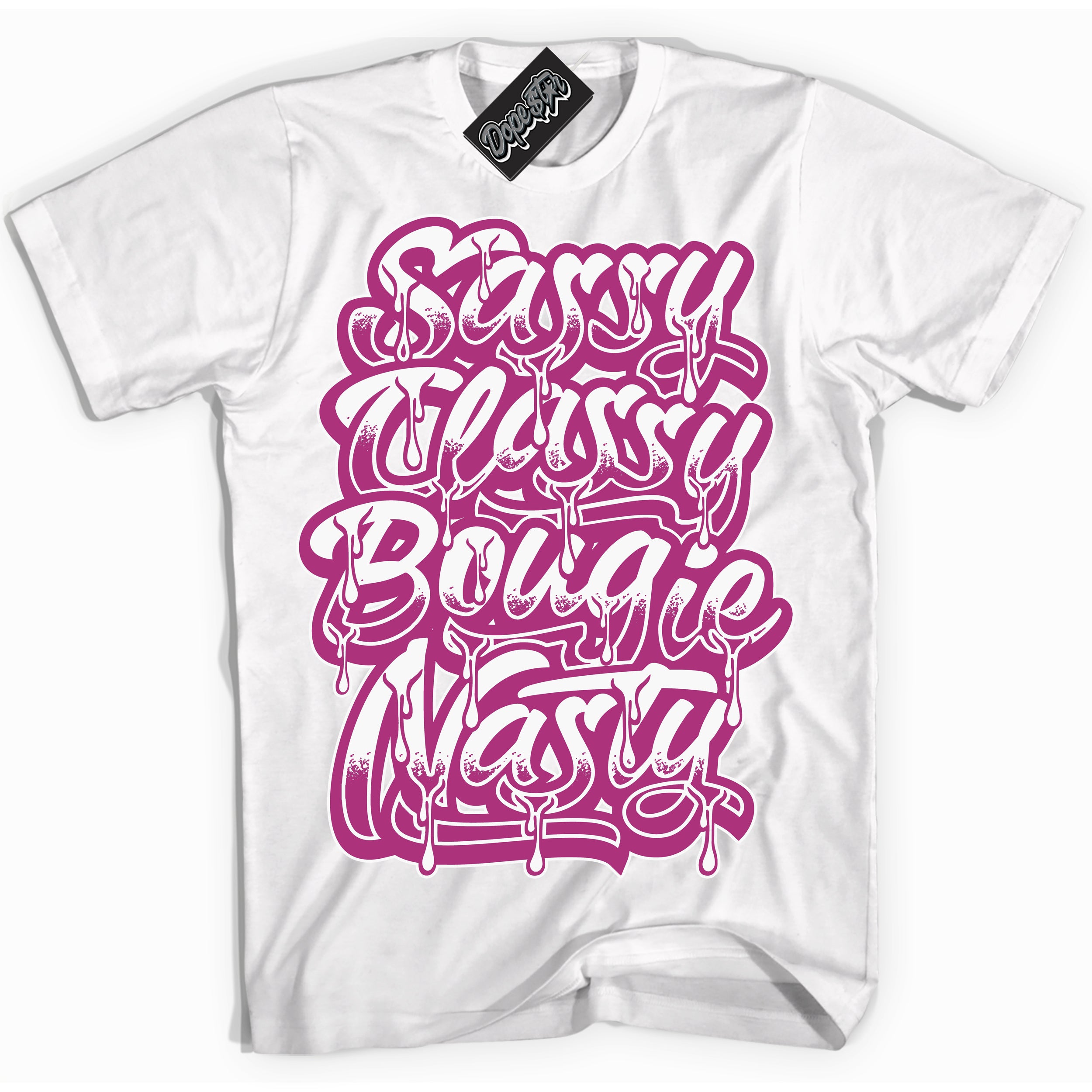 Dunk Low Next Nature Hot Fuchsia Dunk 'Sassy Classy' Shirt - White Streetwear Mockup | Sneakerhead T-Shirt Matching Dunk Low Next Nature Hot Fuchsia Dunk | Sassy Classy Urban Streetwear for Sneaker Matching OOTD | Outfits that pair perfectly with your ND Low Next Nature Hot Fuchsia Dunk | Sneakerhead Fashion Must-Have Apparel for Men and Women.