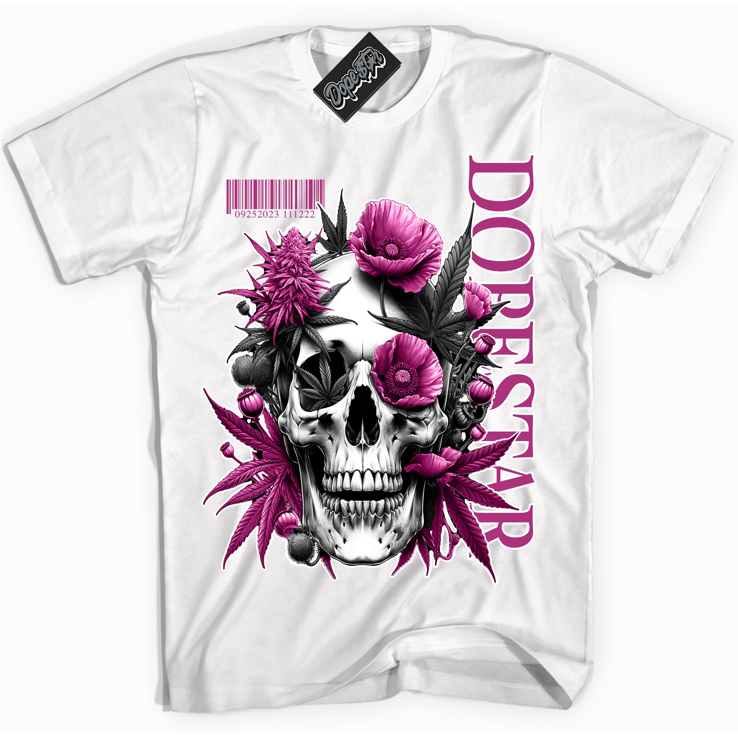 Dunk Low Next Nature Hot Fuchsia Dunk 'Skull Poppies' Shirt - White Streetwear Mockup | Sneakerhead T-Shirt Matching Dunk Low Next Nature Hot Fuchsia Dunk | Skull Poppies Urban Streetwear for Sneaker Matching OOTD | Outfits that pair perfectly with your ND Low Next Nature Hot Fuchsia Dunk | Sneakerhead Fashion Must-Have Apparel for Men and Women.