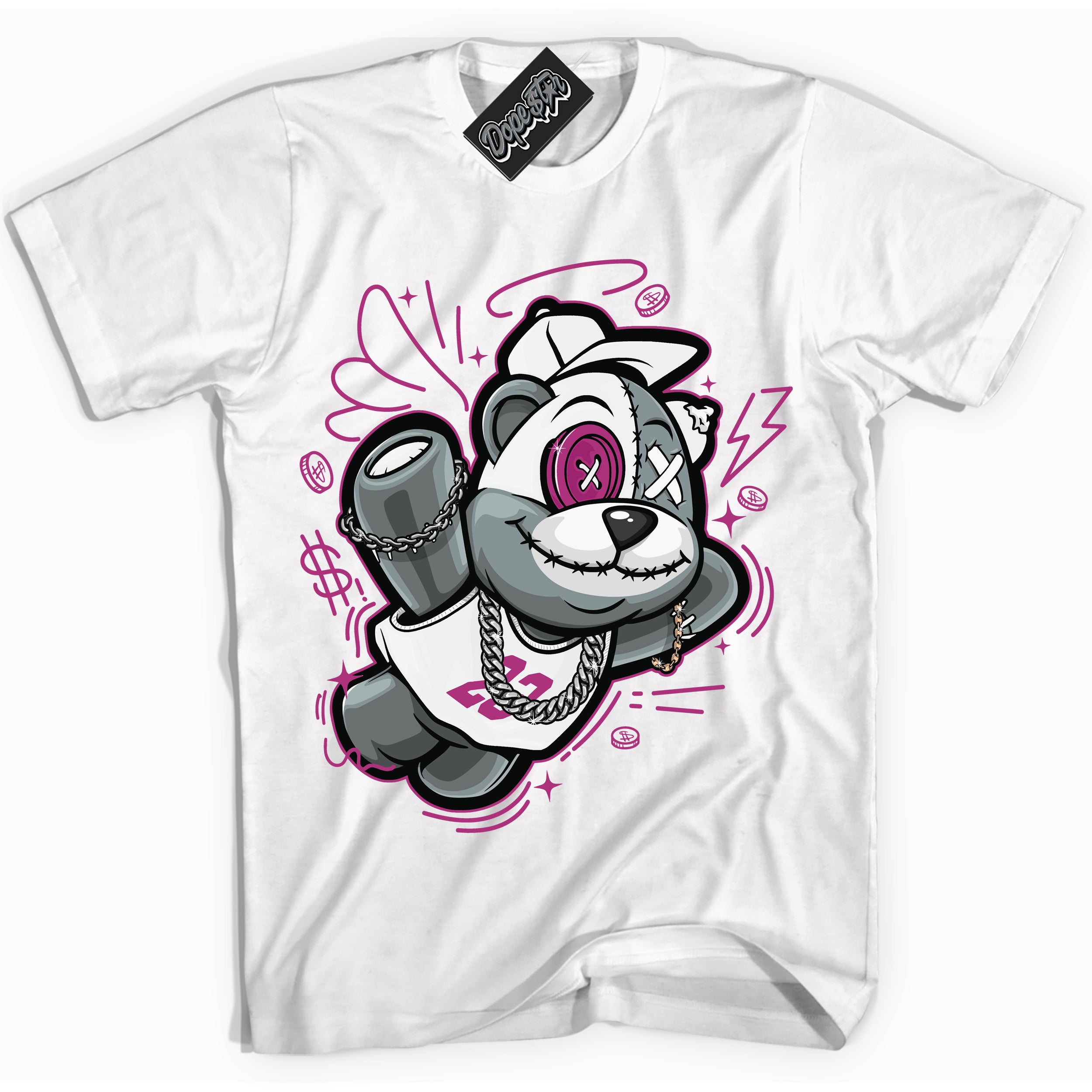 Dunk Low Next Nature Hot Fuchsia Dunk 'Slam Dunk Bear' Shirt - White Streetwear Mockup | Sneakerhead T-Shirt Matching Dunk Low Next Nature Hot Fuchsia Dunk | Slam Dunk Bear Urban Streetwear for Sneaker Matching OOTD | Outfits that pair perfectly with your ND Low Next Nature Hot Fuchsia Dunk | Sneakerhead Fashion Must-Have Apparel for Men and Women.