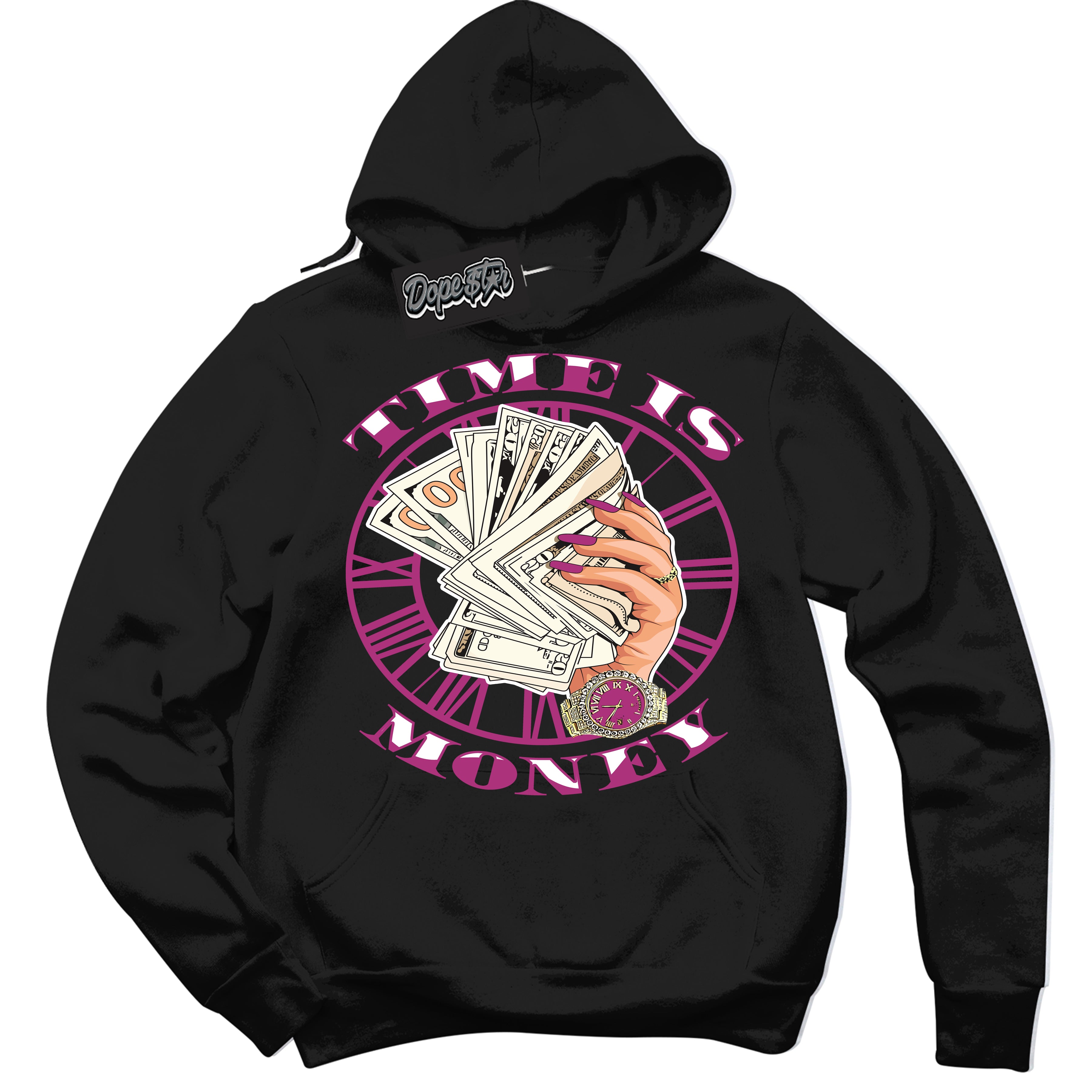 Dunk Low Next Nature Hot Fuchsia 'Time Is Money' Hoodie – Black Streetwear Sweatshirt | Sneaker Matching Hoodie for Dunk Low Hot Fuchsia | Urban Fashion for Sneakerheads | Men's & Women's Streetwear Outfit by Sneaker Shirts Outlet.