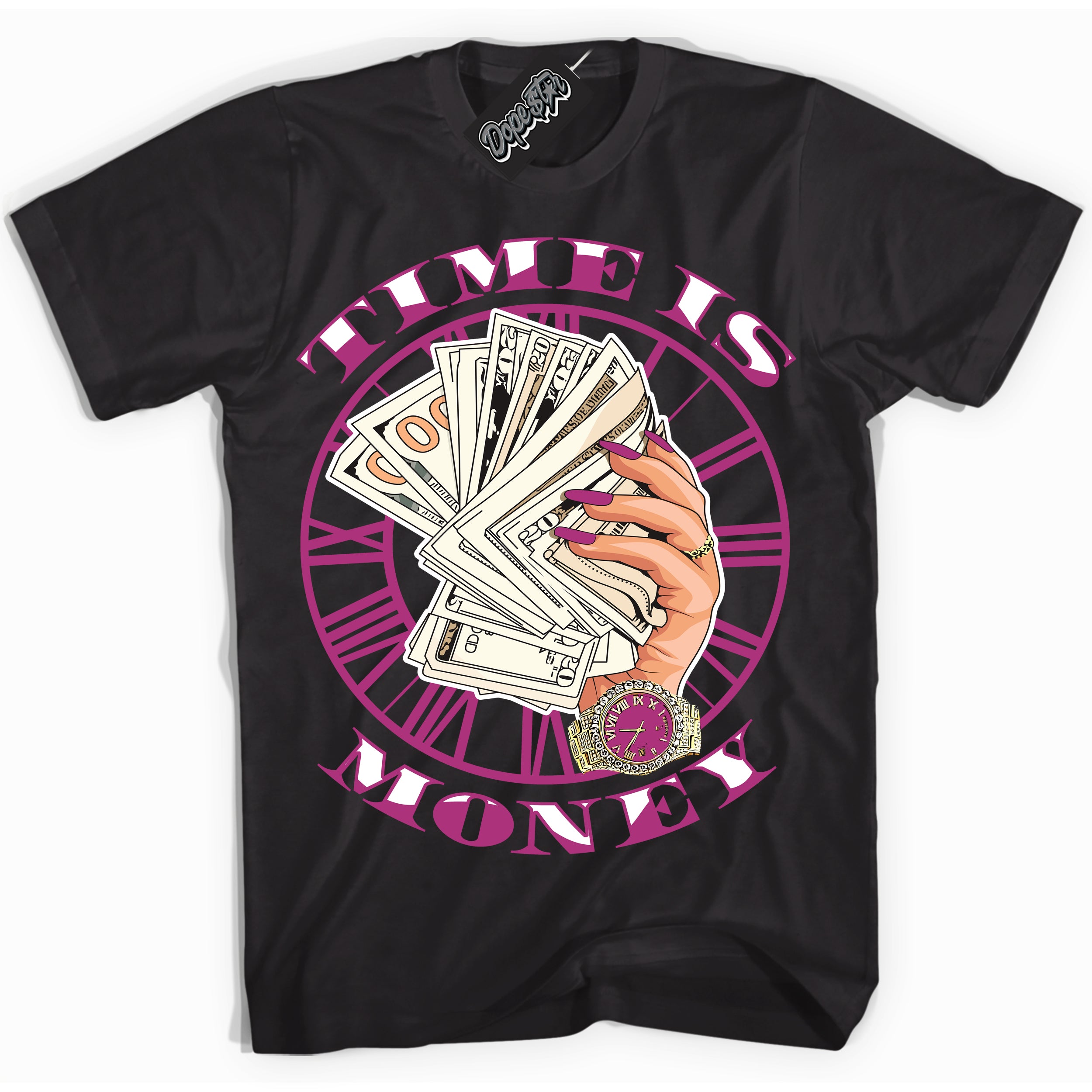 Dunk Low Next Nature Hot Fuchsia 'Time Is Money' Shirt – Black Streetwear T-Shirt | Sneaker Matching Tee for Dunk Low Hot Fuchsia | Urban Fashion for Sneakerheads | Men's & Women's Streetwear Outfit by Sneaker Shirts Outlet.