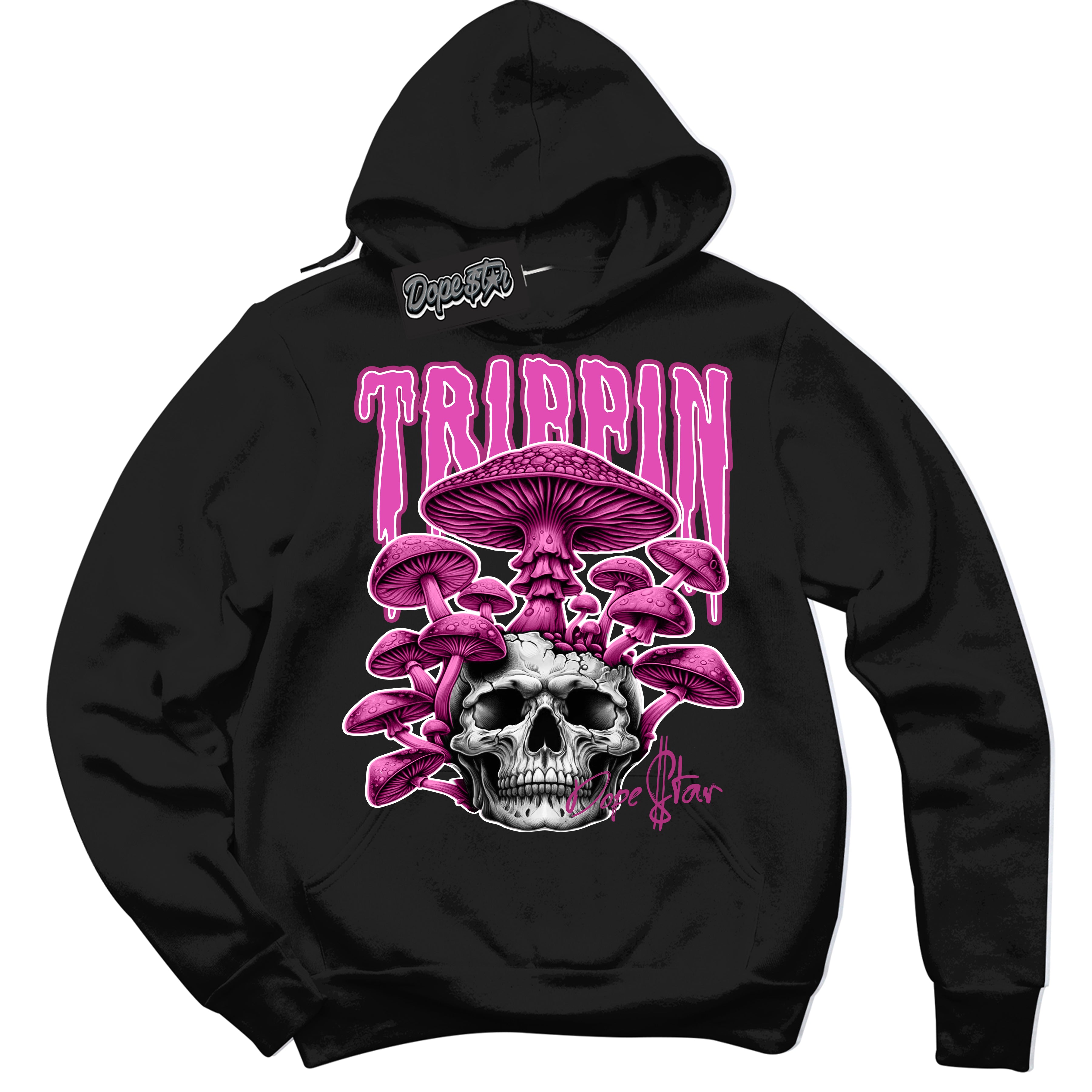 Dunk Low Next Nature Hot Fuchsia Dunk 'Trippin' Hoodie - Black Streetwear Mockup | Sneakerhead Sweatshirt Matching Dunk Low Next Nature Hot Fuchsia Dunk | Trippin Urban Streetwear for Sneaker Matching OOTD | Outfits that pair perfectly with your ND Low Next Nature Hot Fuchsia Dunk | Sneakerhead Fashion Must-Have Apparel for Men and Women.