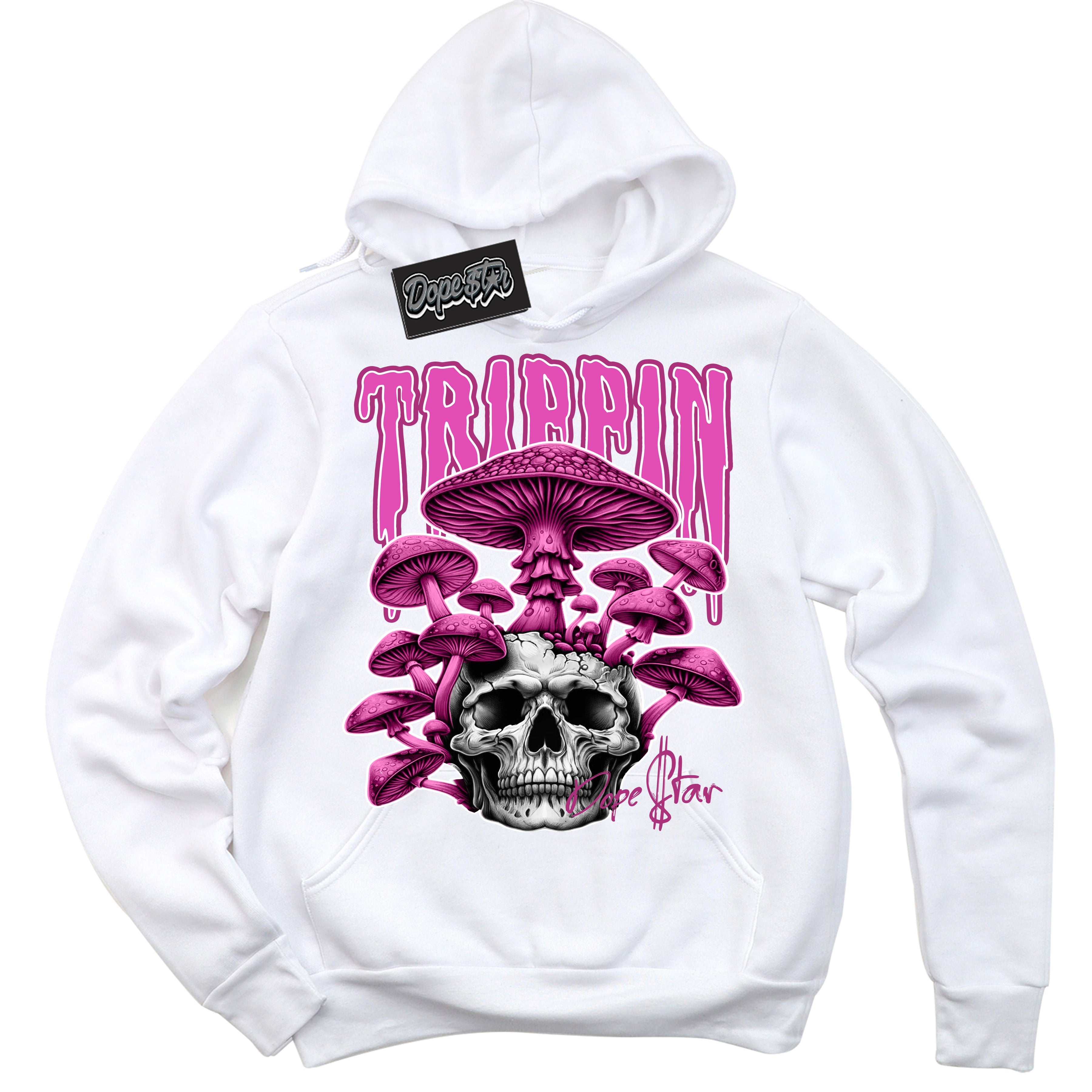 Dunk Low Next Nature Hot Fuchsia Dunk 'Trippin' Hoodie - White Streetwear Mockup | Sneakerhead Sweatshirt Matching Dunk Low Next Nature Hot Fuchsia Dunk | Trippin Urban Streetwear for Sneaker Matching OOTD | Outfits that pair perfectly with your ND Low Next Nature Hot Fuchsia Dunk | Sneakerhead Fashion Must-Have Apparel for Men and Women.