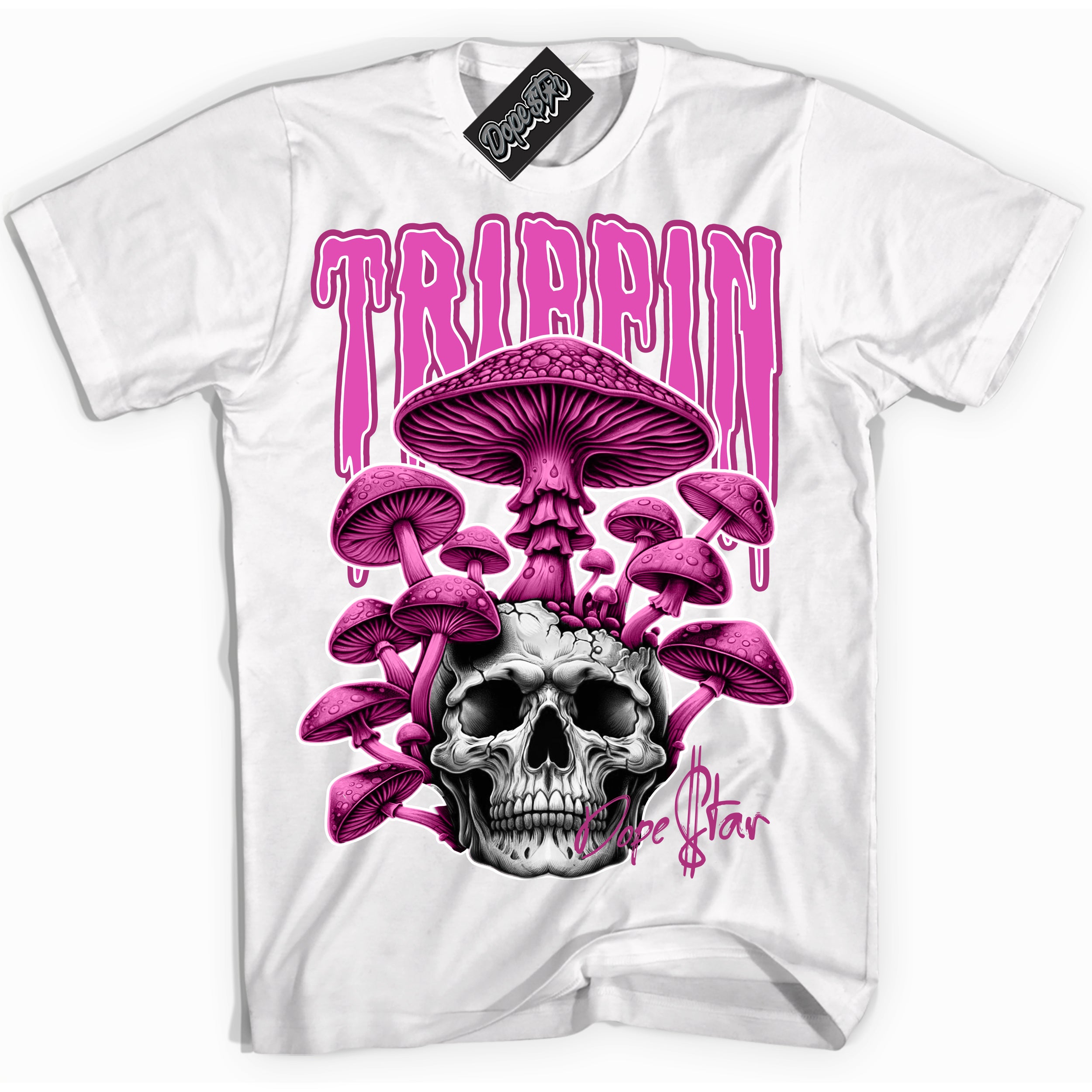 Dunk Low Next Nature Hot Fuchsia Dunk 'Trippin' Shirt - White Streetwear Mockup | Sneakerhead T-Shirt Matching Dunk Low Next Nature Hot Fuchsia Dunk | Trippin Urban Streetwear for Sneaker Matching OOTD | Outfits that pair perfectly with your ND Low Next Nature Hot Fuchsia Dunk | Sneakerhead Fashion Must-Have Apparel for Men and Women.