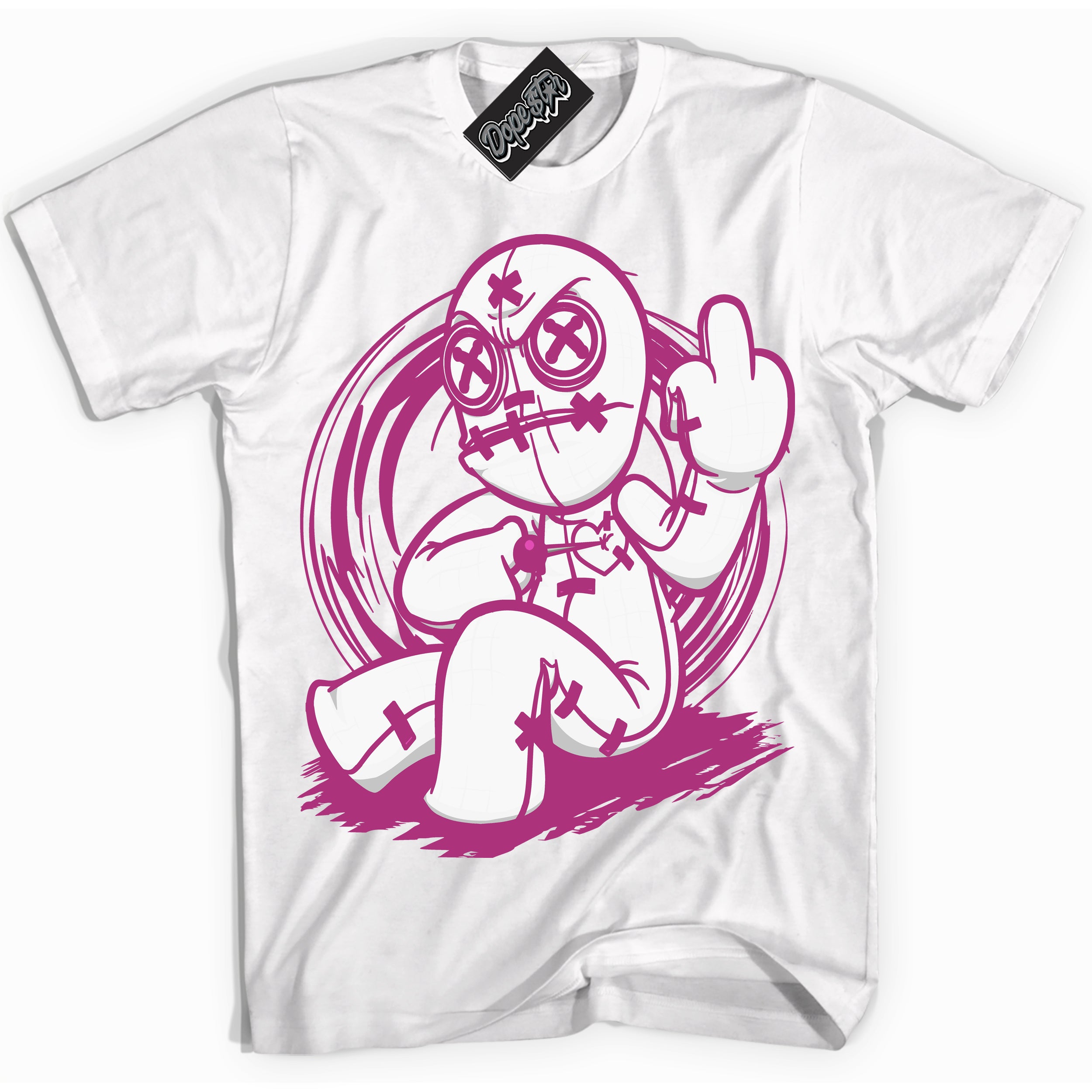 Dunk Low Next Nature Hot Fuchsia Dunk 'Voodoo Doll' Shirt - White Streetwear Mockup | Sneakerhead T-Shirt Matching Dunk Low Next Nature Hot Fuchsia Dunk | Voodoo Doll Urban Streetwear for Sneaker Matching OOTD | Outfits that pair perfectly with your ND Low Next Nature Hot Fuchsia Dunk | Sneakerhead Fashion Must-Have Apparel for Men and Women.