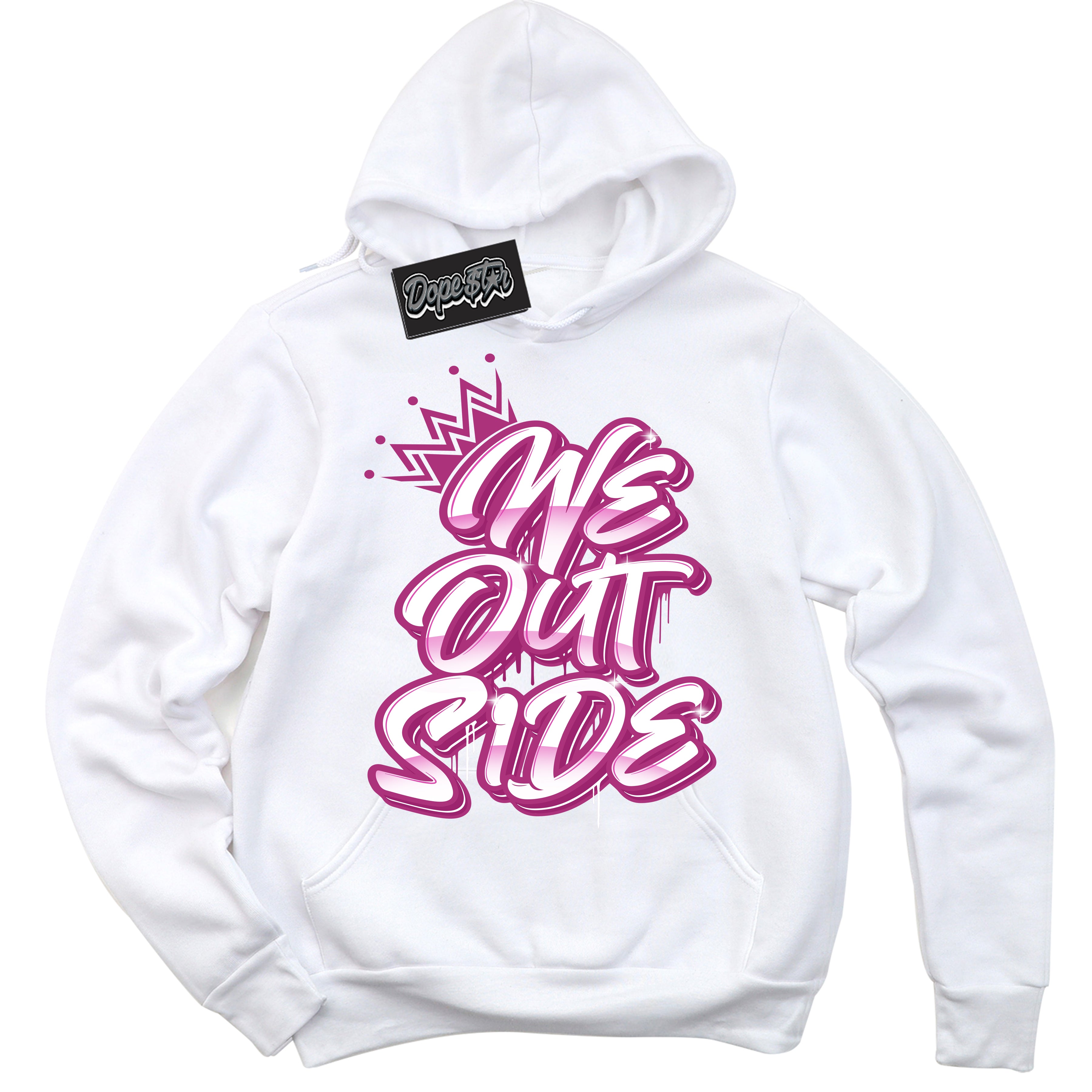 Dunk Low Next Nature Hot Fuchsia Dunk 'We Outside' Hoodie - White Streetwear Mockup | Sneakerhead Sweatshirt Matching Dunk Low Next Nature Hot Fuchsia Dunk | We Outside Urban Streetwear for Sneaker Matching OOTD | Outfits that pair perfectly with your ND Low Next Nature Hot Fuchsia Dunk | Sneakerhead Fashion Must-Have Apparel for Men and Women.