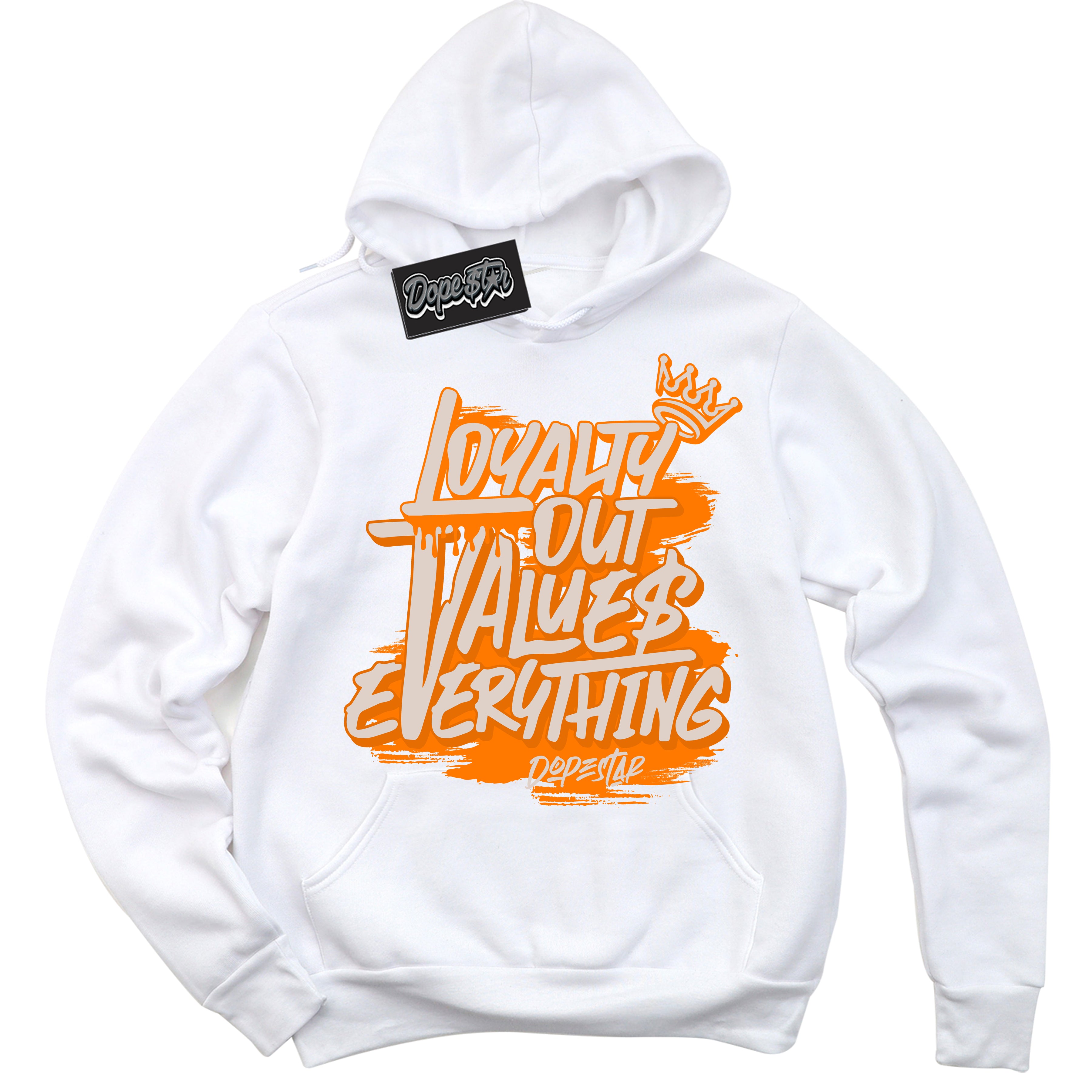 Cool White Hoodie with “ Loyalty Out Values Everything ”  design that Perfectly Matches Peach Cream Sneakers.
