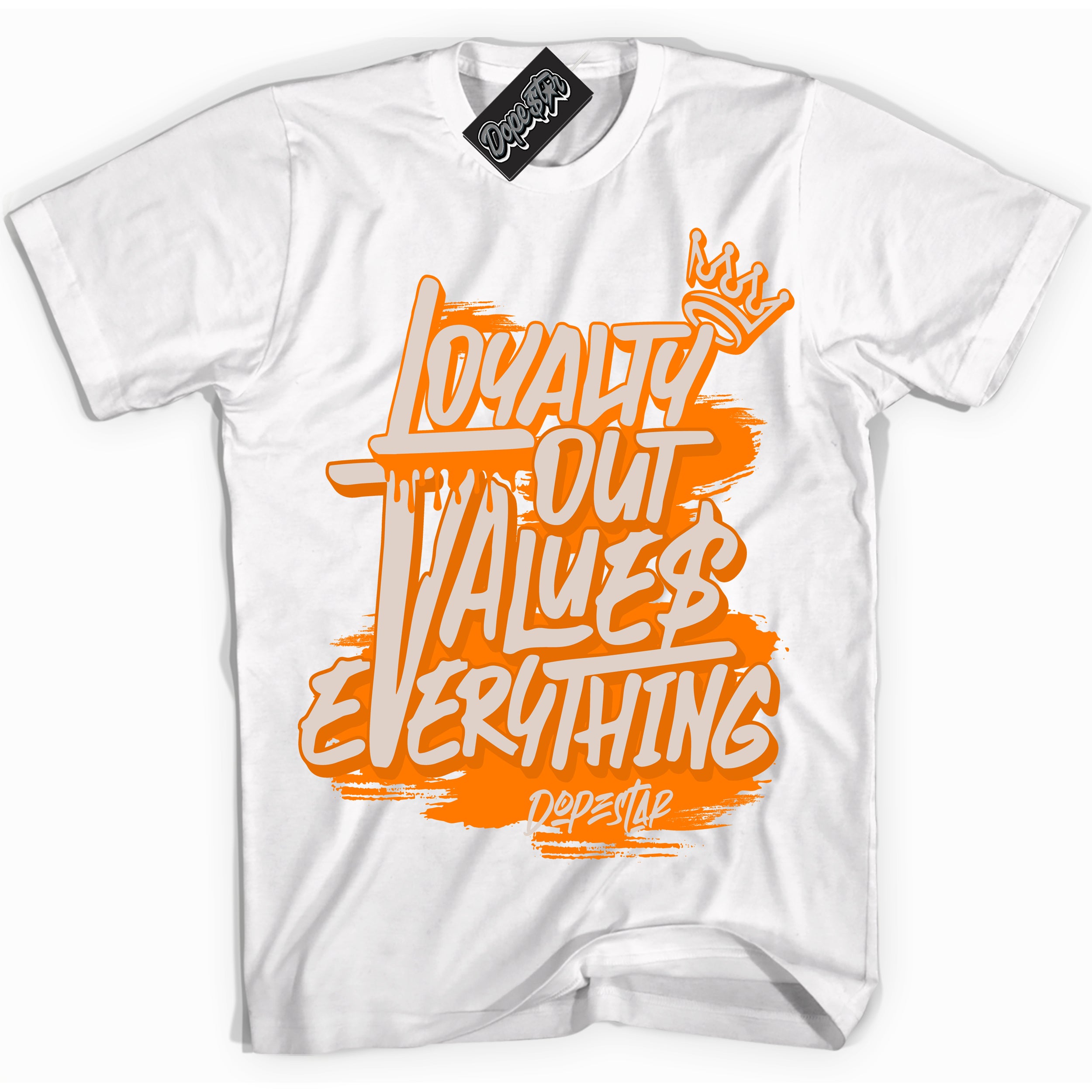 Cool White Shirt with “ Loyalty Out Values Everything” design that perfectly matches Peach Cream Sneakers.