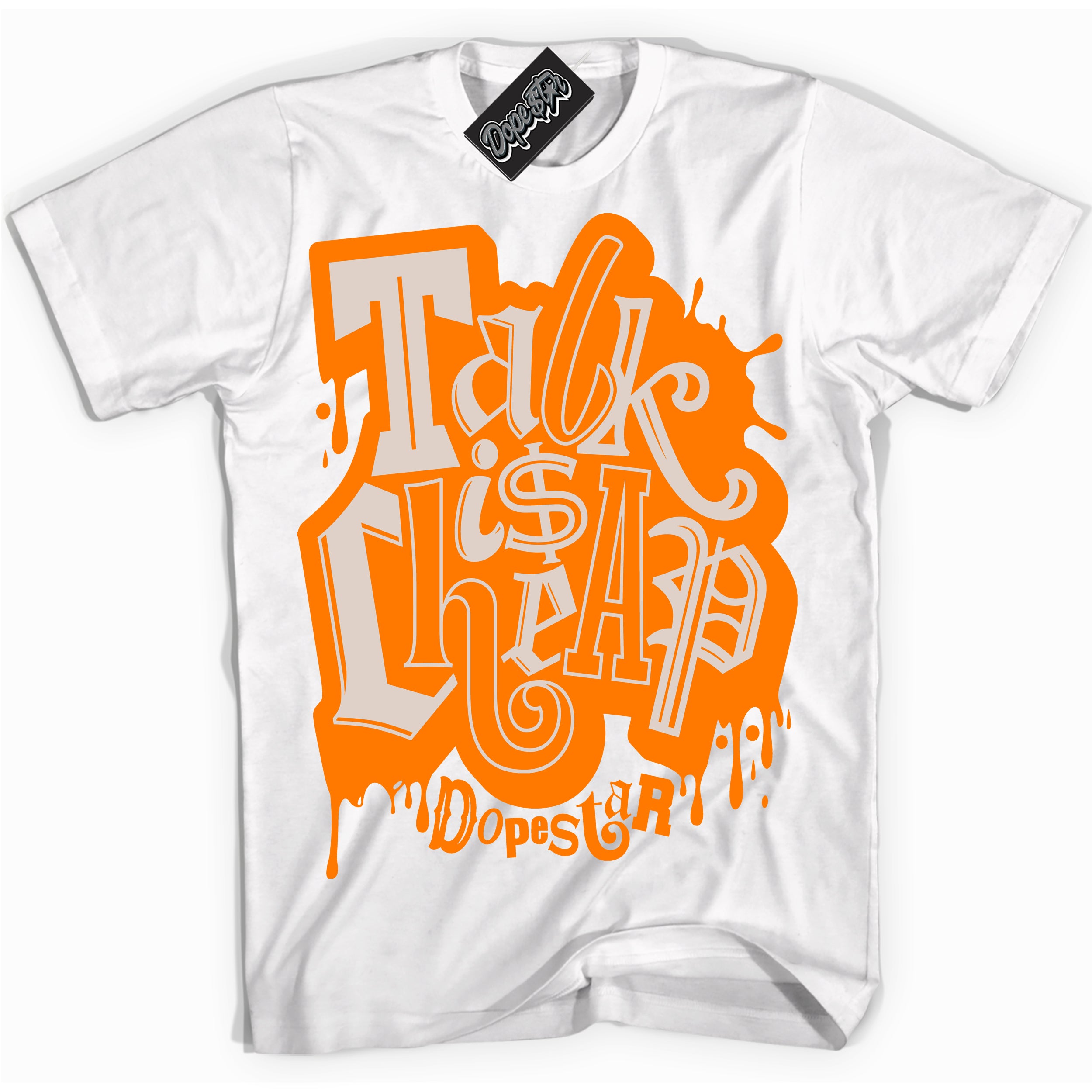 Cool White Shirt with “ Talk Is Cheap” design that perfectly matches Peach Cream Sneakers.