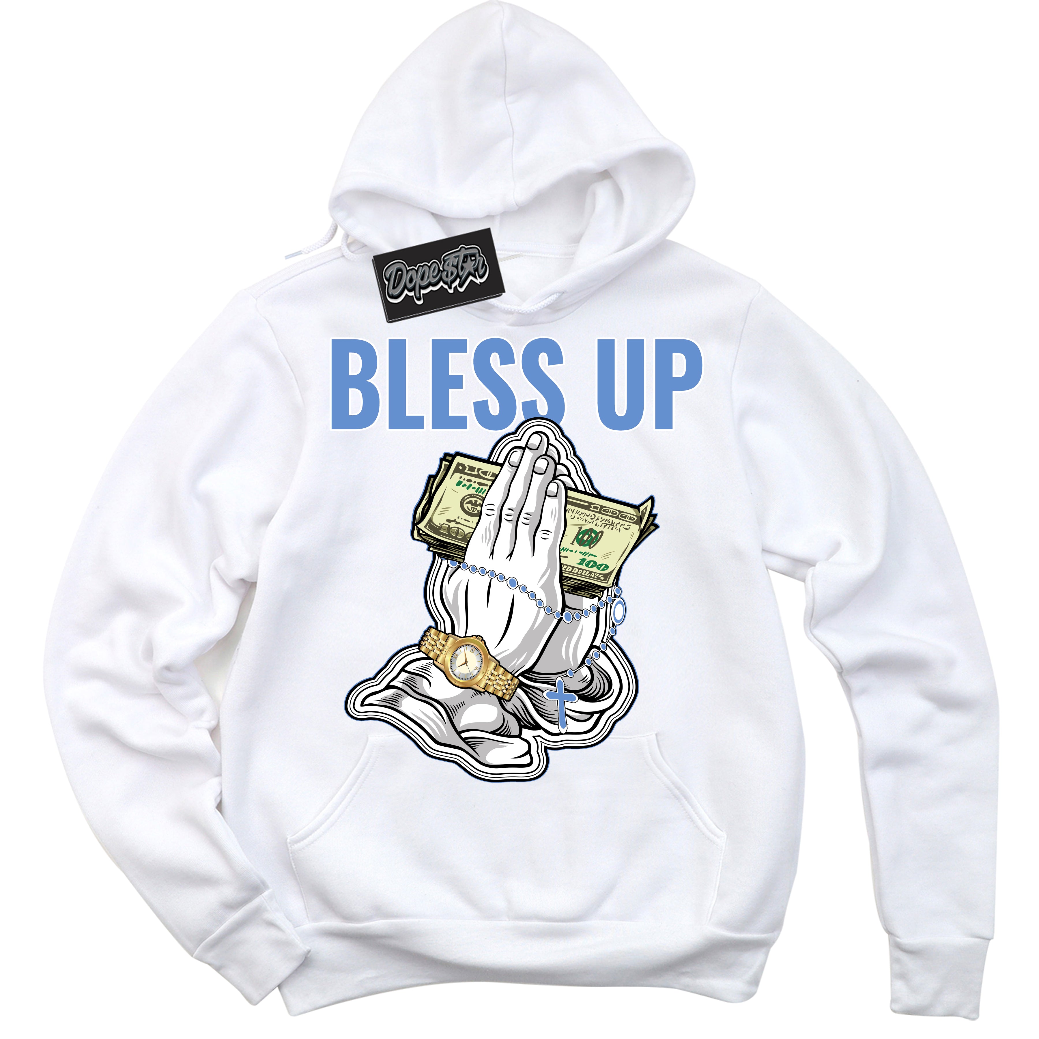 Cool White Hoodie with “ Bless Up ”  design that Perfectly Matches Polar Blue Dunk.
