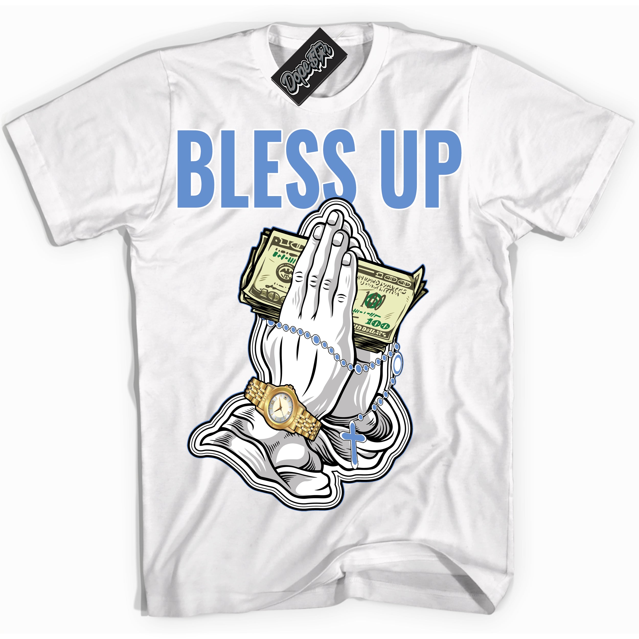 Cool White Shirt with “ Bless Up ” design that perfectly matches Polar Blue Dunk.
