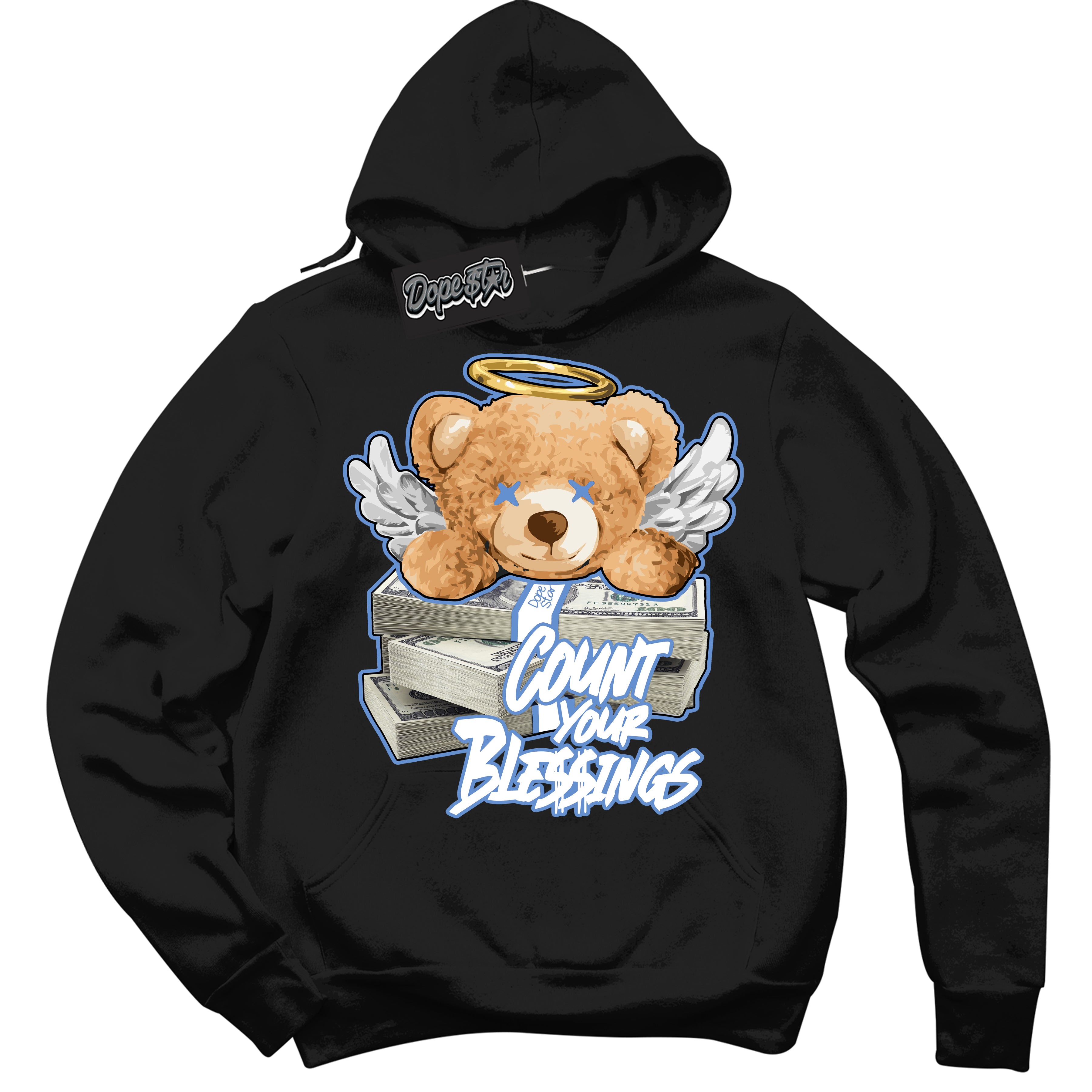 Cool Black Hoodie with “ Count Your Blessings ”  design that Perfectly Matches Polar Blue Dunk.
