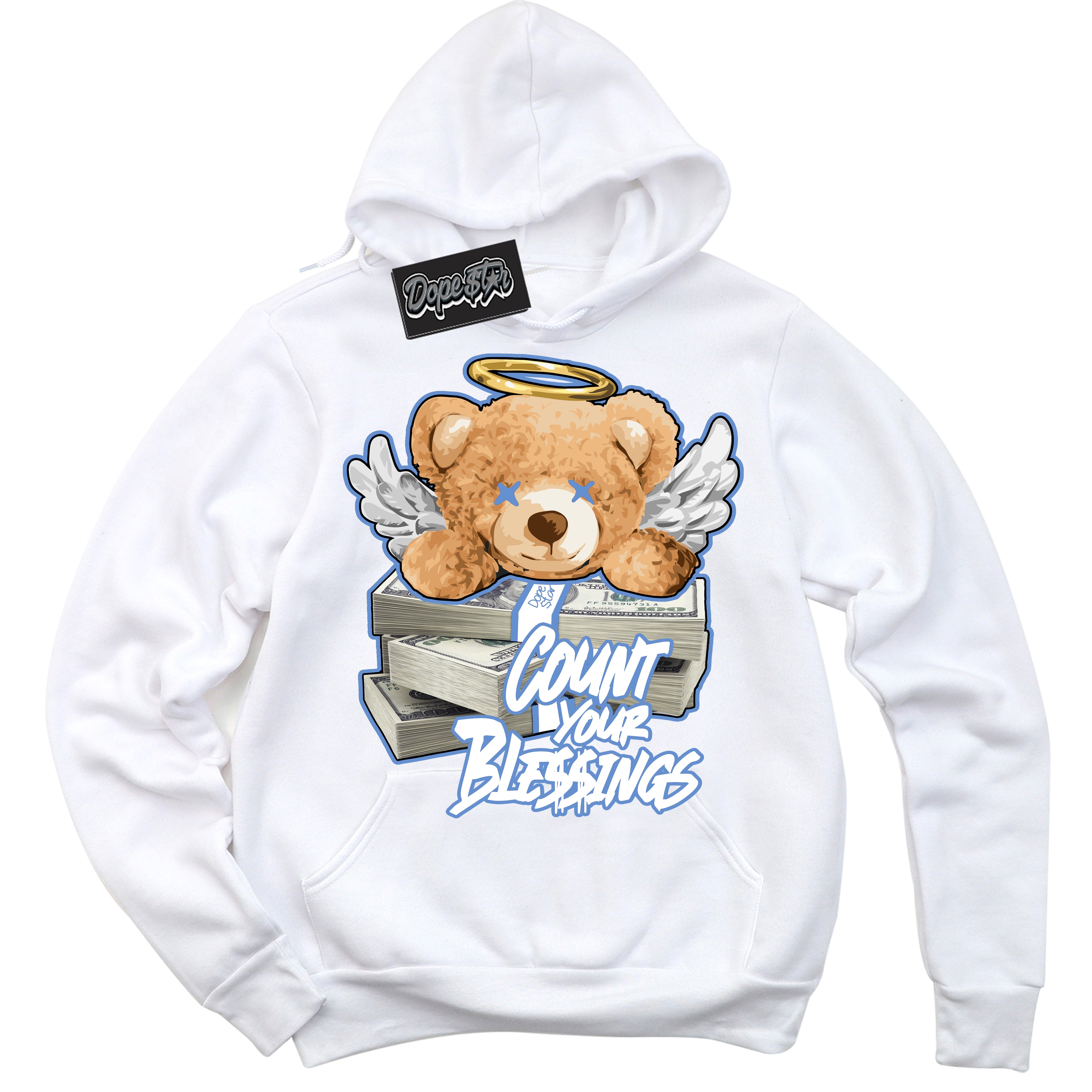 Cool White Hoodie with “ Count Your Blessings ”  design that Perfectly Matches Polar Blue Dunk.
