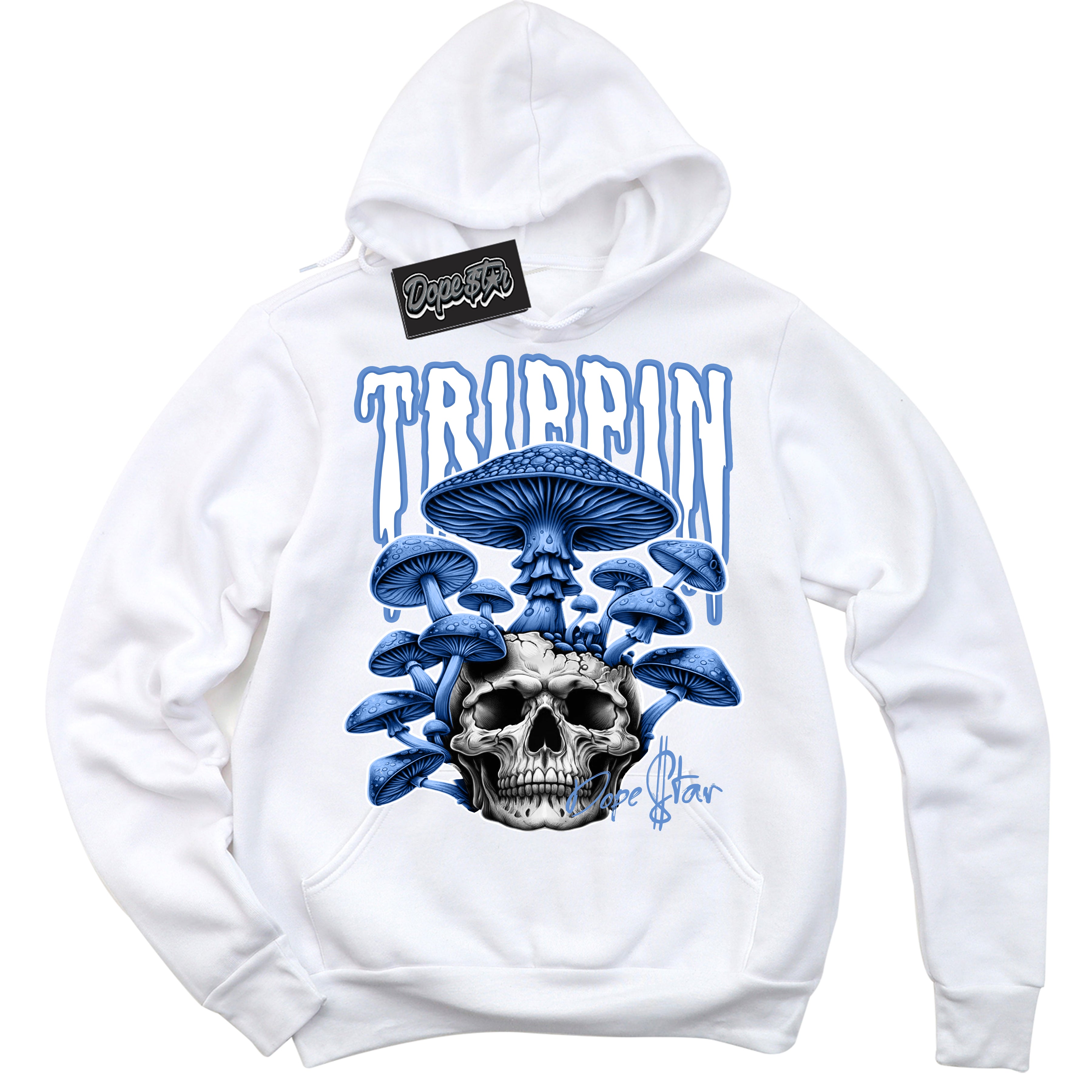 Cool White Hoodie with “Trippin” design that Perfectly Matches Polar Blue Dunk Sneakers.