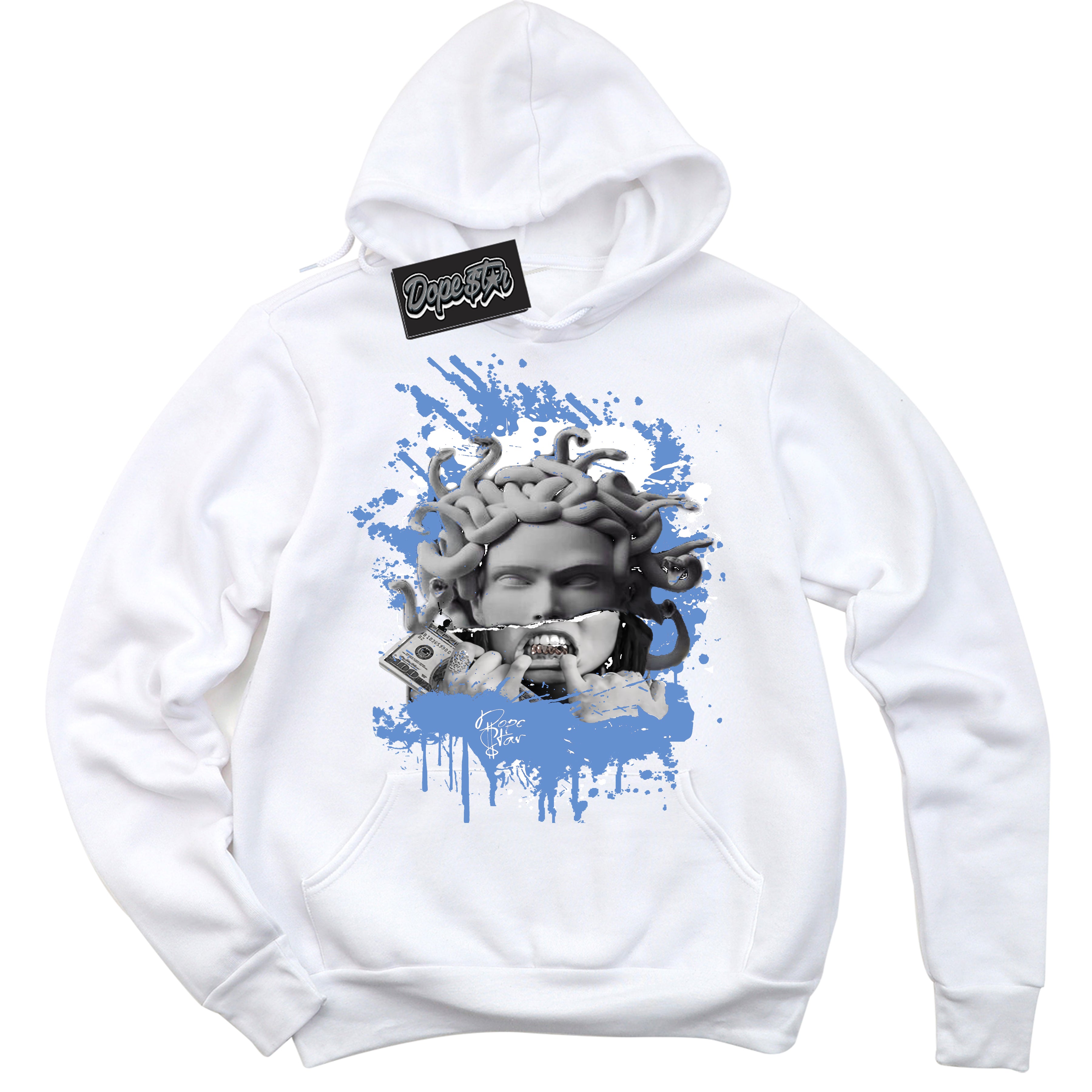 Cool White Hoodie with “ Medusa ”  design that Perfectly Matches Polar Blue Dunk.
