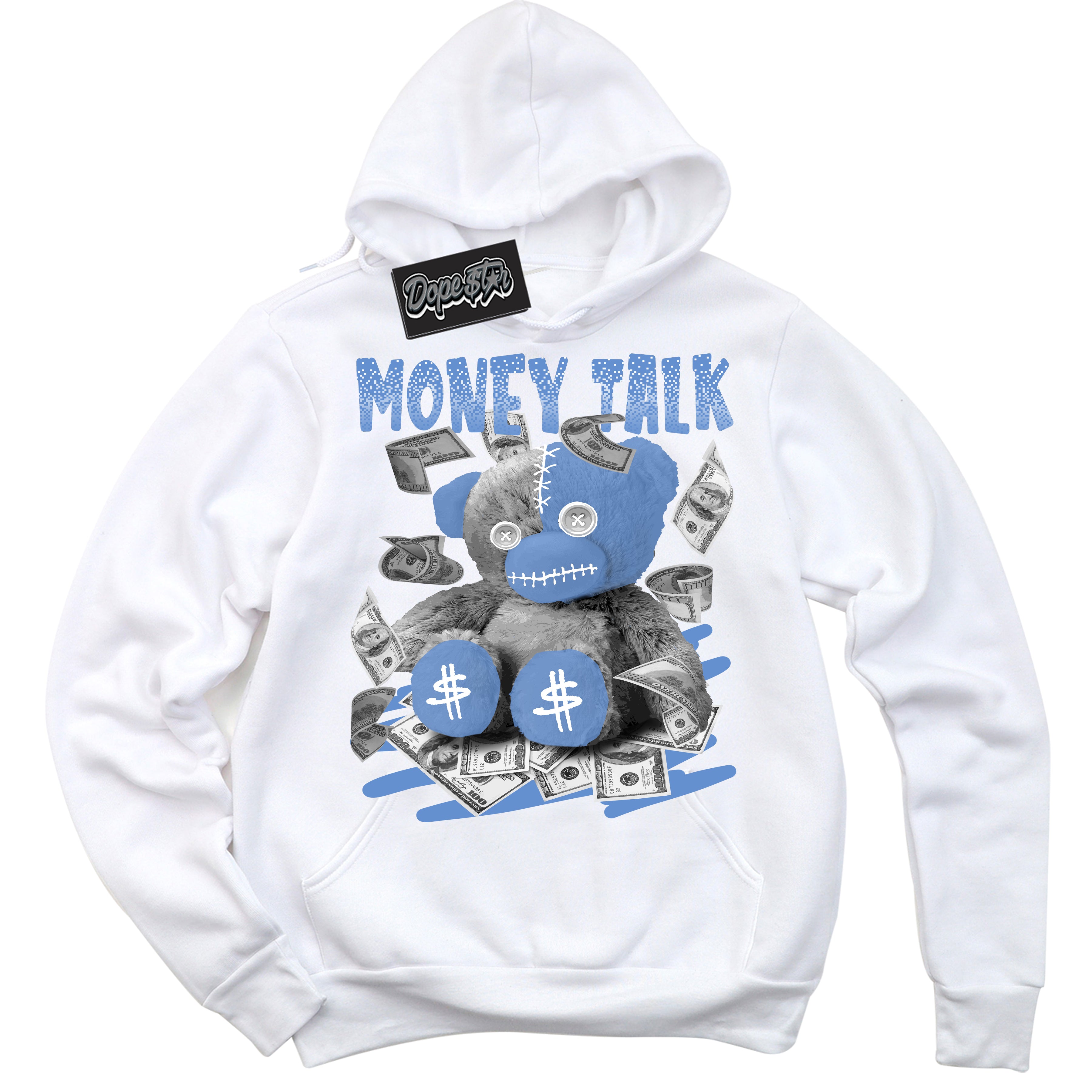 Cool White Hoodie with “ Money Talk Bear ”  design that Perfectly Matches Polar Blue Dunk.
