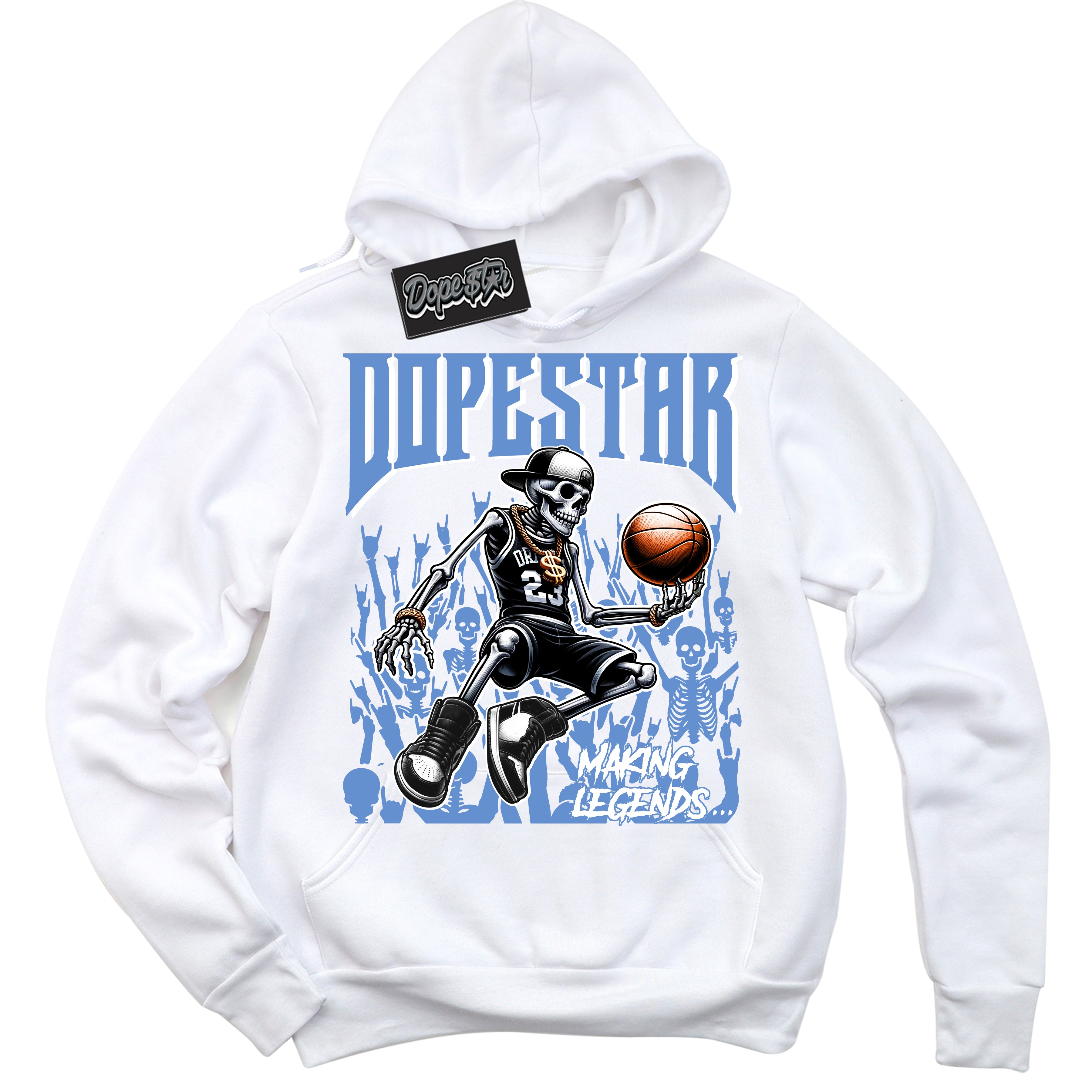 Cool White Hoodie with “ Making Legends ”  design that Perfectly Matches Polar Blue Sneakers.