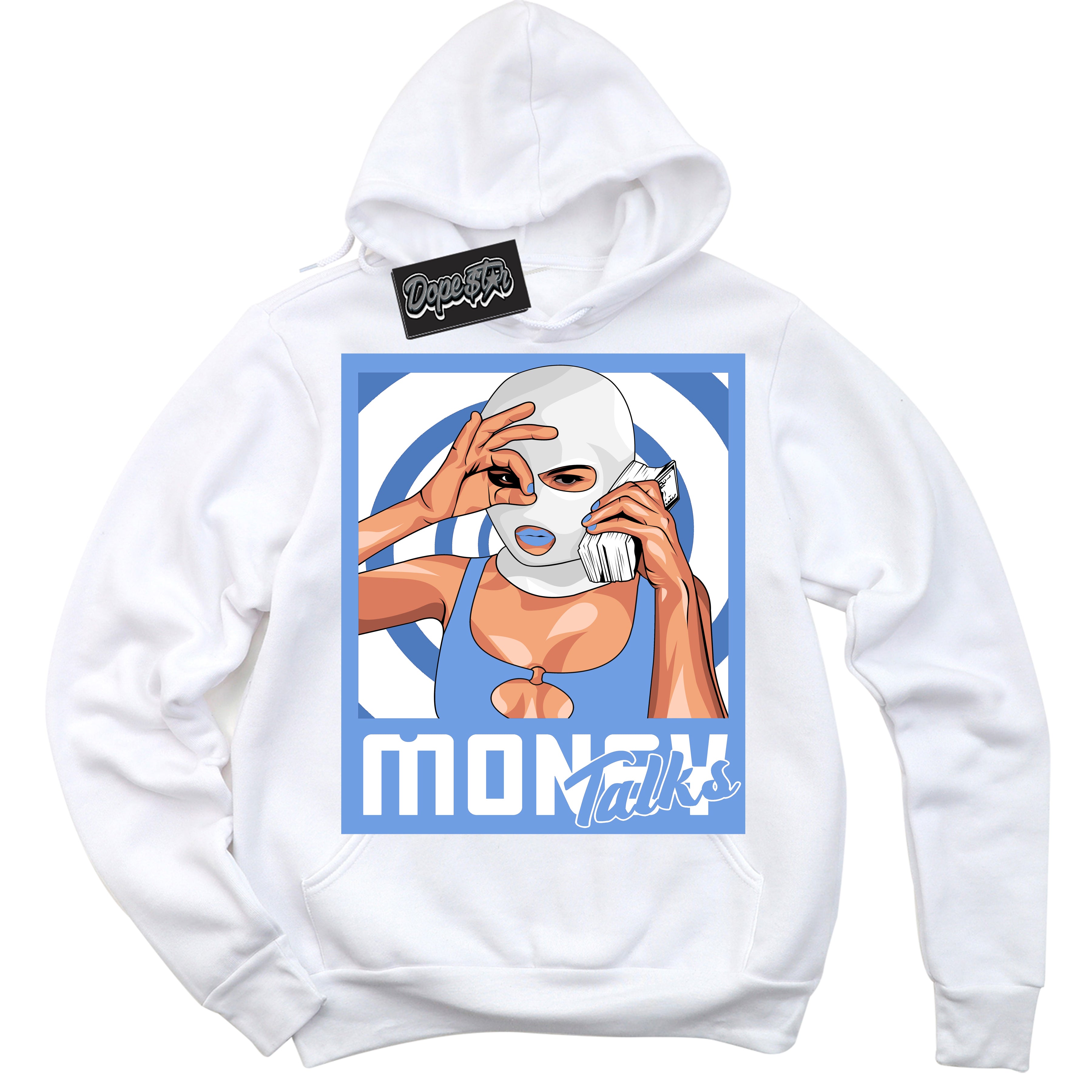 Cool White Hoodie with “ Money Talks ”  design that Perfectly Matches Polar Blue Dunk.
