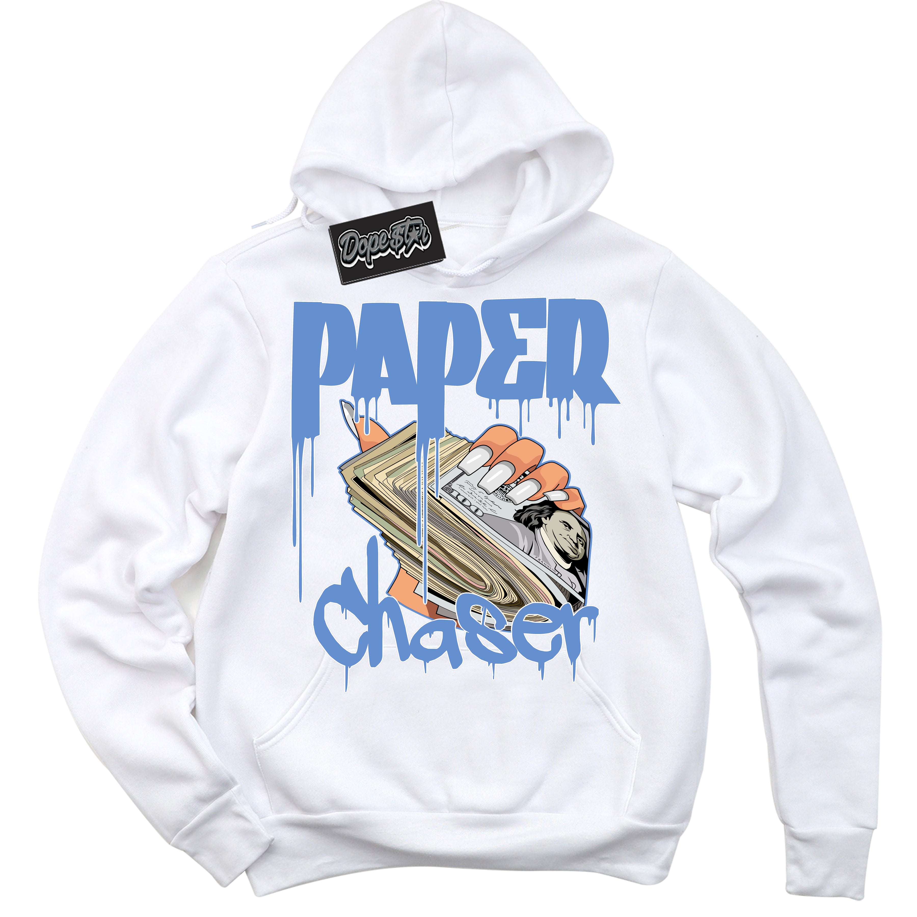 Cool White Hoodie with “ Paper Chaser ”  design that Perfectly Matches Polar Blue Dunk.
