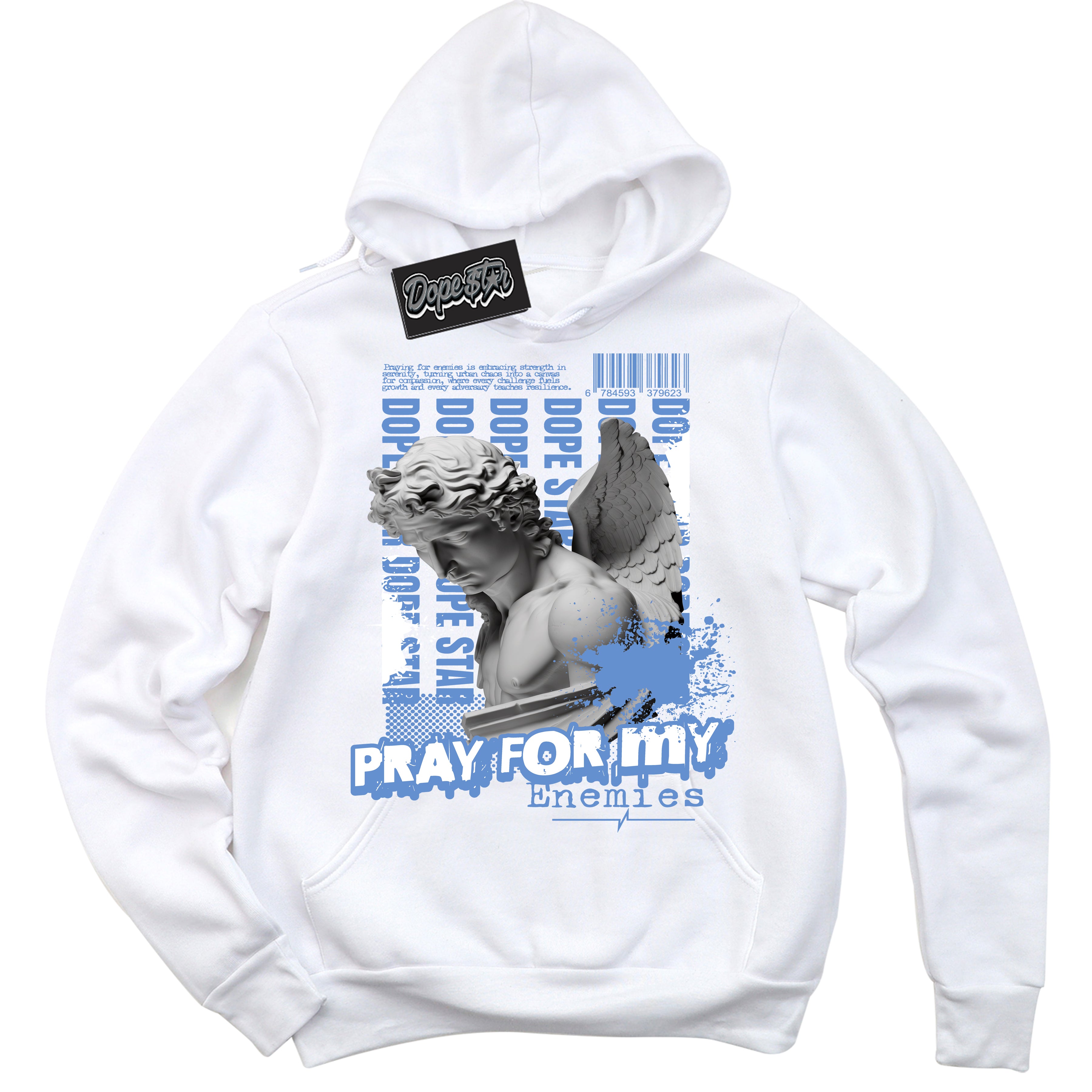 Cool White Hoodie with “ Pray Enemies ”  design that Perfectly Matches Polar Blue Sneakers.