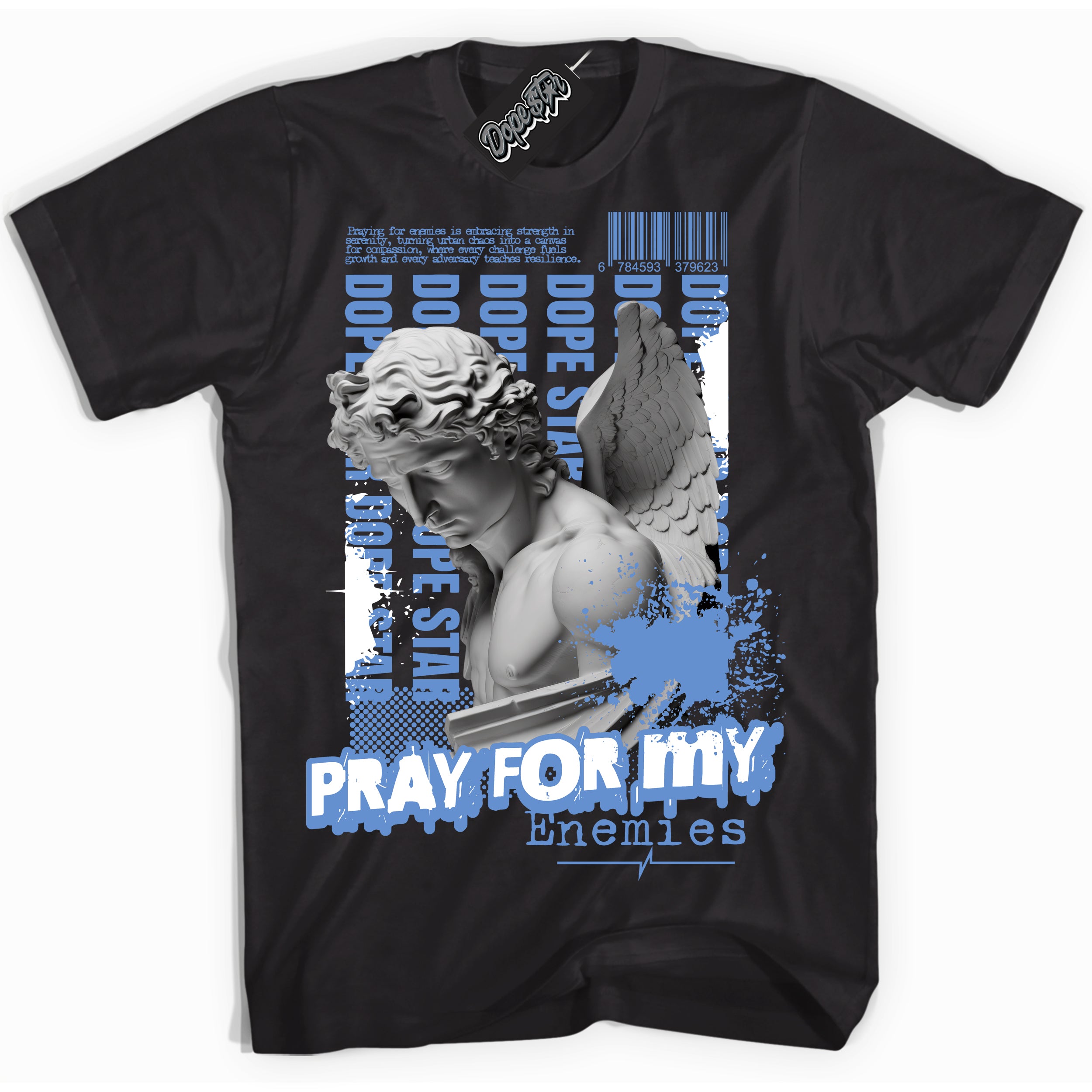 Cool Black Shirt with “ Pray Enemies” design that perfectly matches Polar Blue Sneakers.