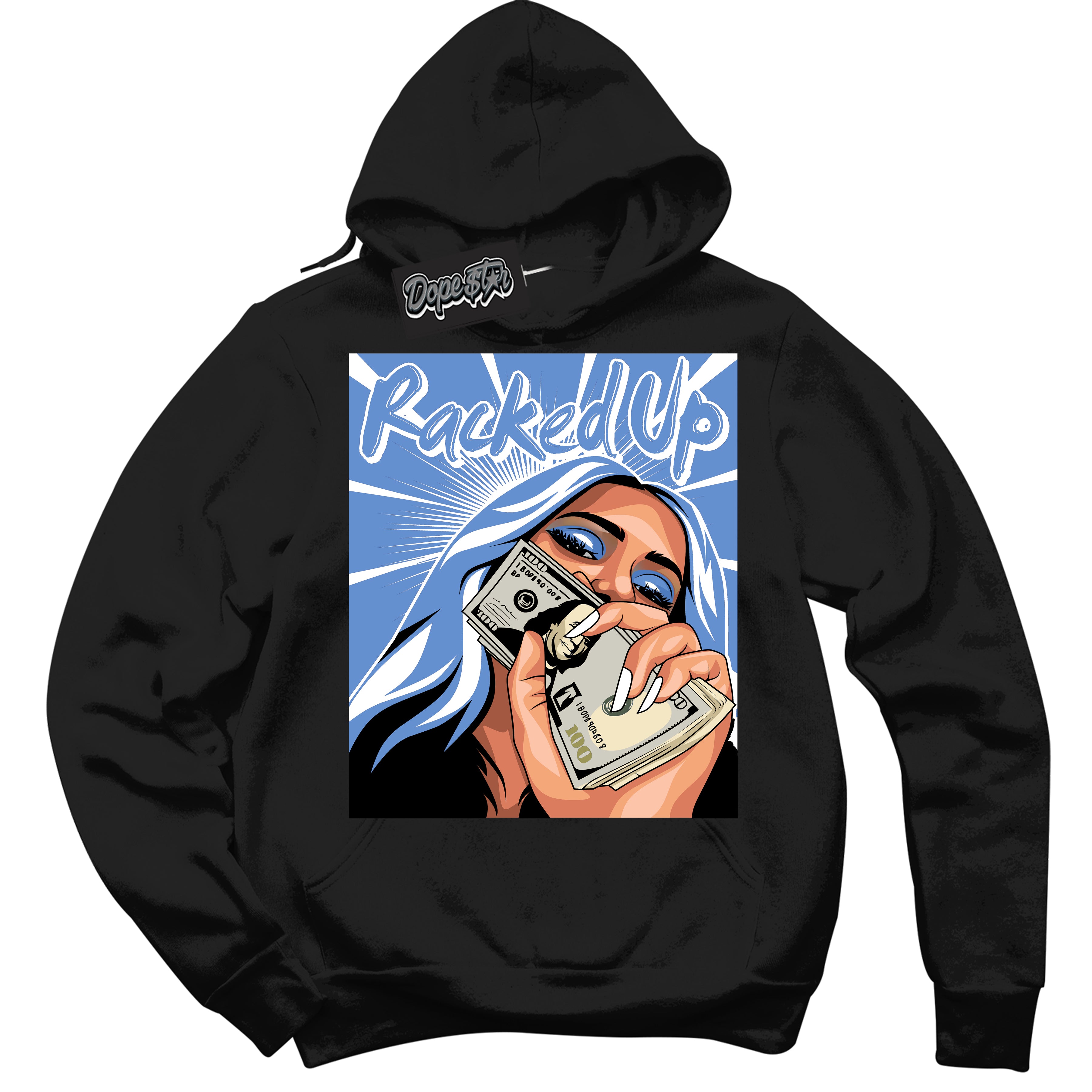 Cool Black Hoodie with “ Racked Up ”  design that Perfectly Matches Polar Blue Dunk.
