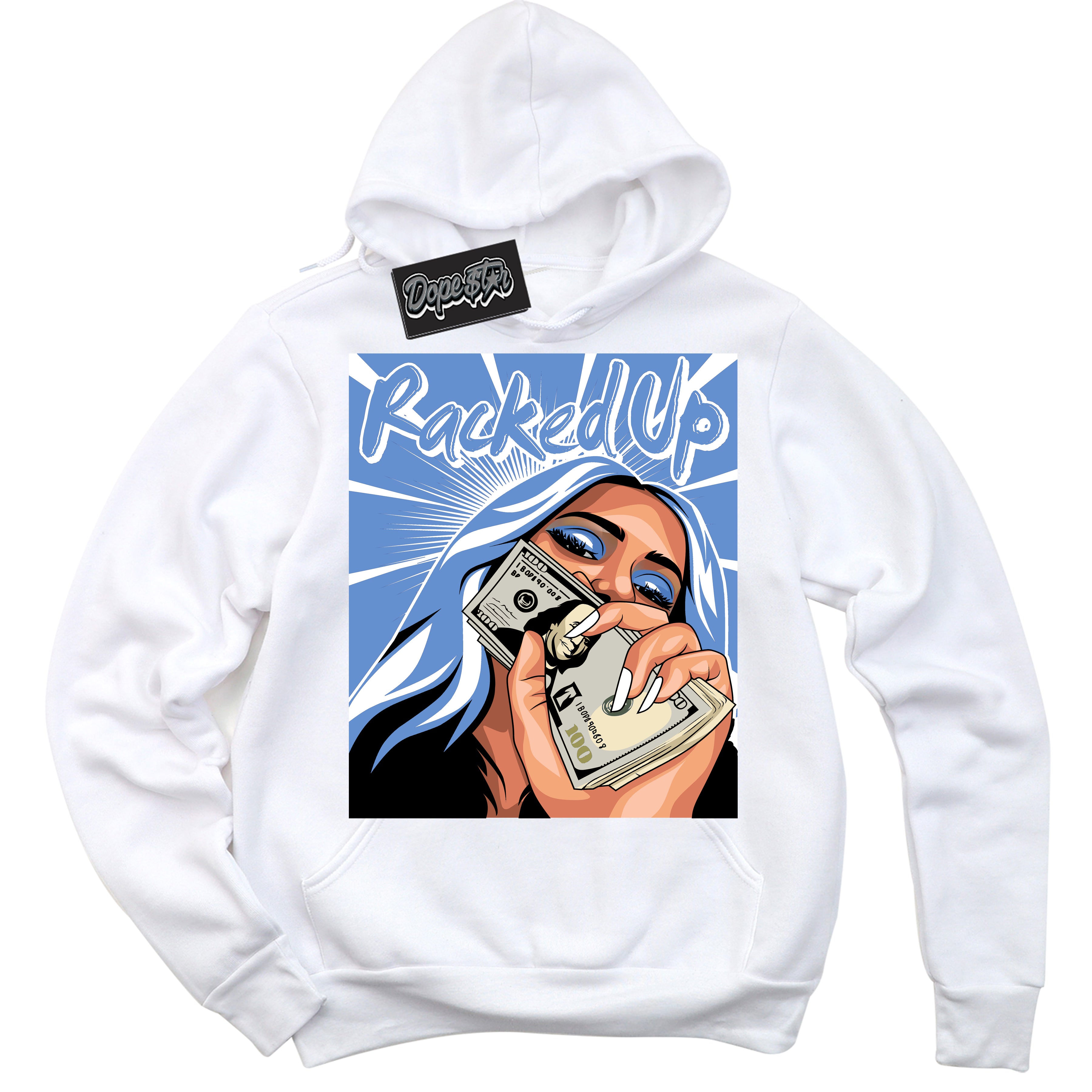 Cool White Hoodie with “ Racked Up ”  design that Perfectly Matches Polar Blue Dunk.
