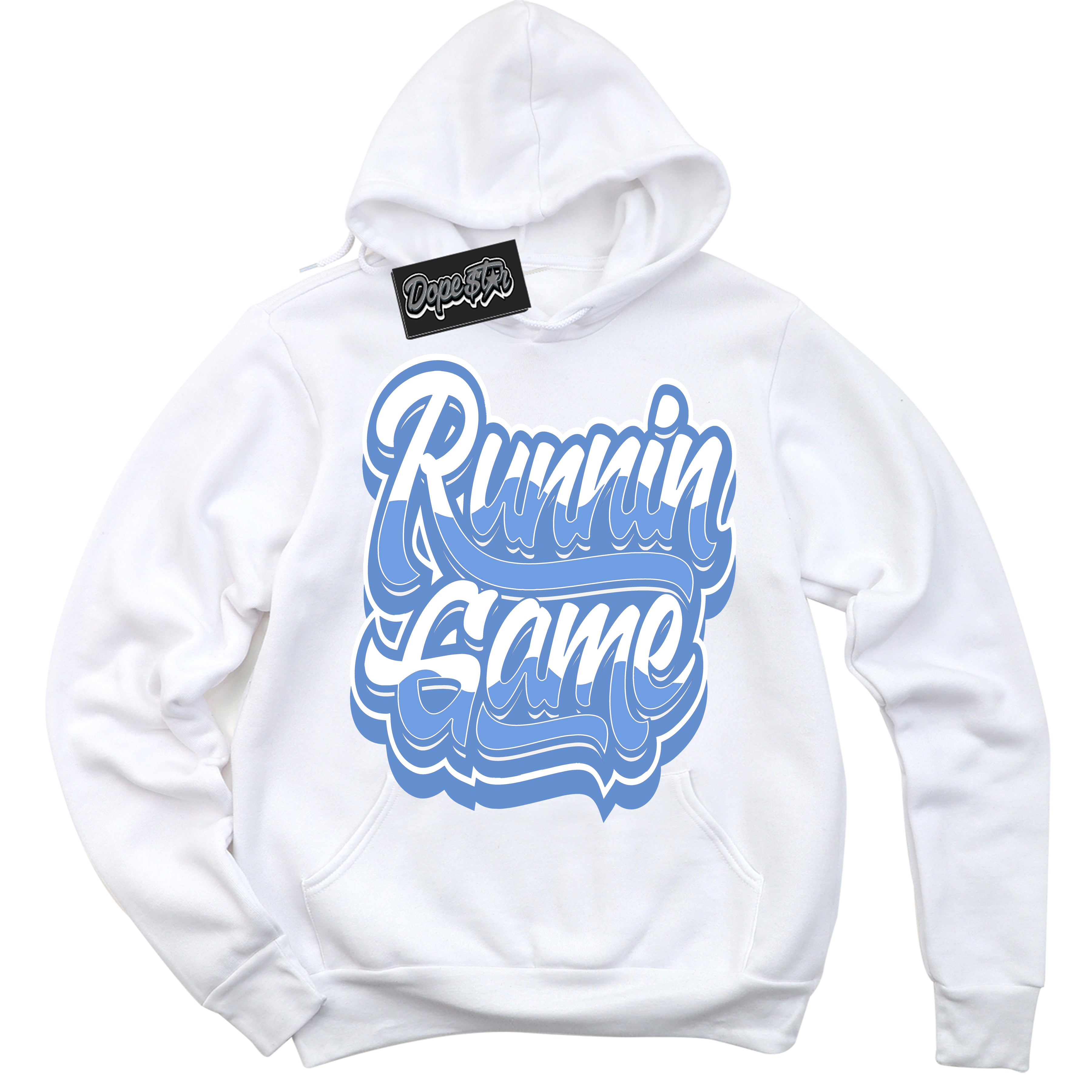 Cool White Hoodie with “ Running Game ”  design that Perfectly Matches Polar Blue Dunk.
