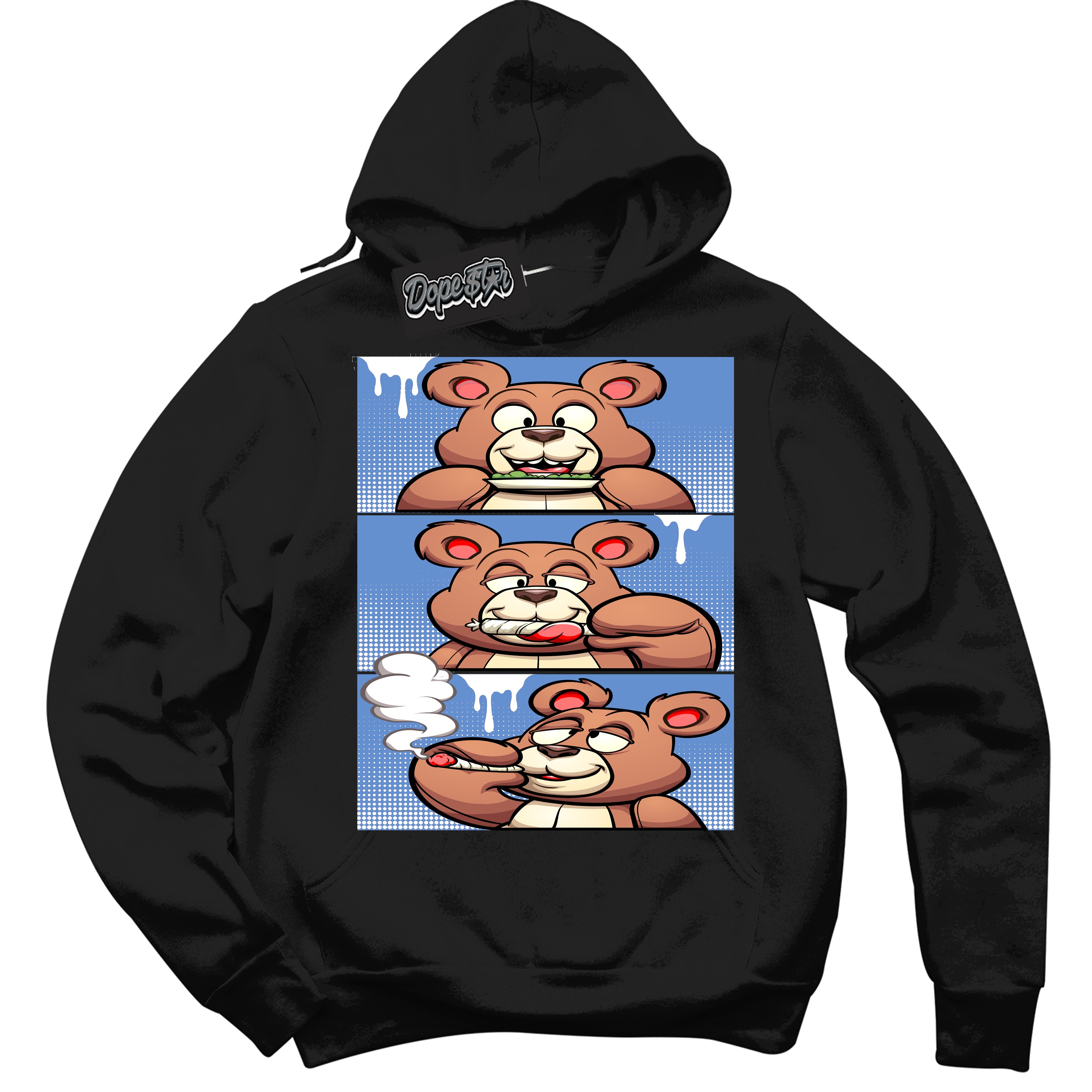 Cool Black Hoodie with “ Roll It Lick It Smoke It Bear ”  design that Perfectly Matches Polar Blue Dunk.
