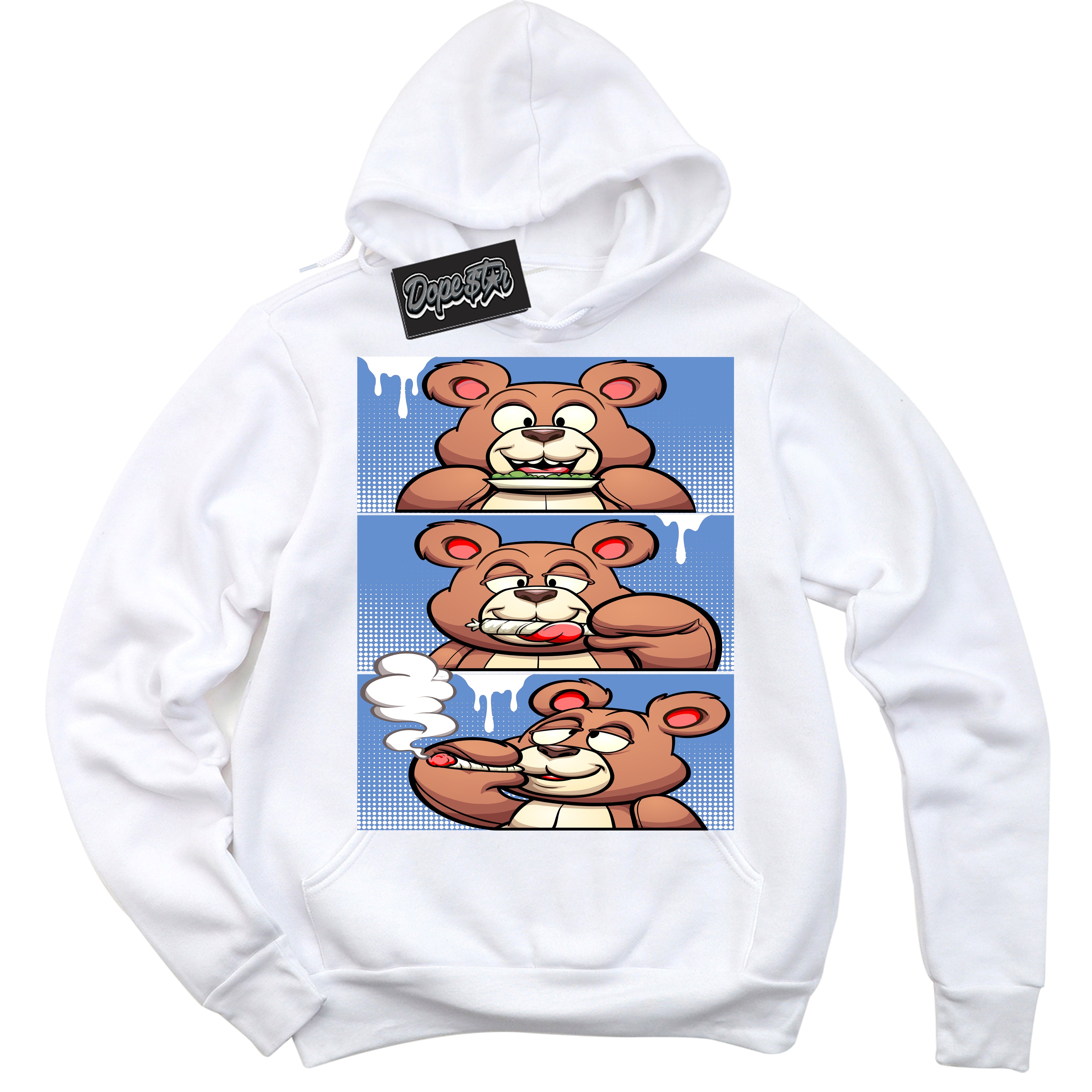 Cool White Hoodie with “ Roll It Lick It Smoke It Bear ”  design that Perfectly Matches Polar Blue Dunk.
