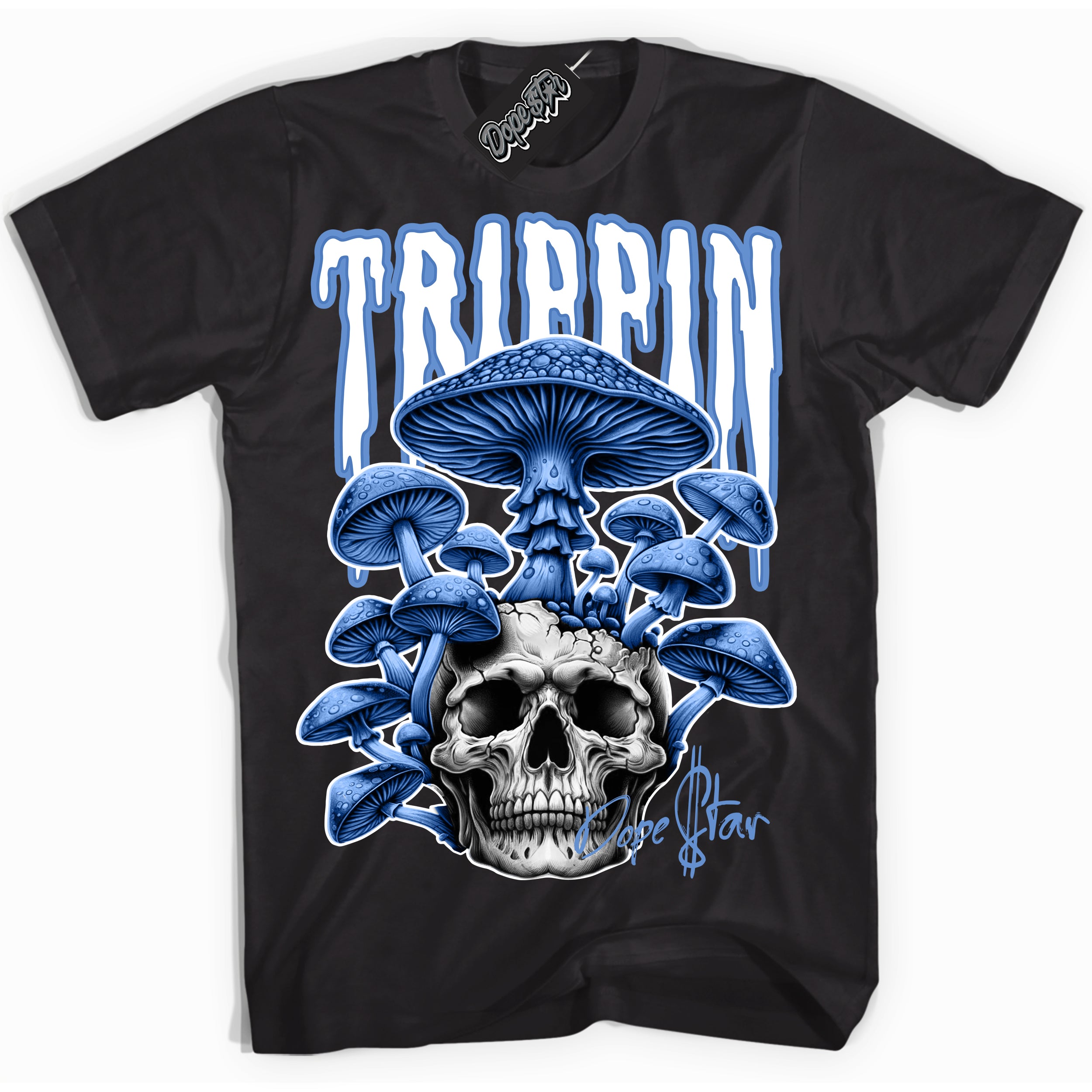 Cool Black Shirt with “Trippin” design that perfectly matches the Polar Blue Dunk Sneakers.