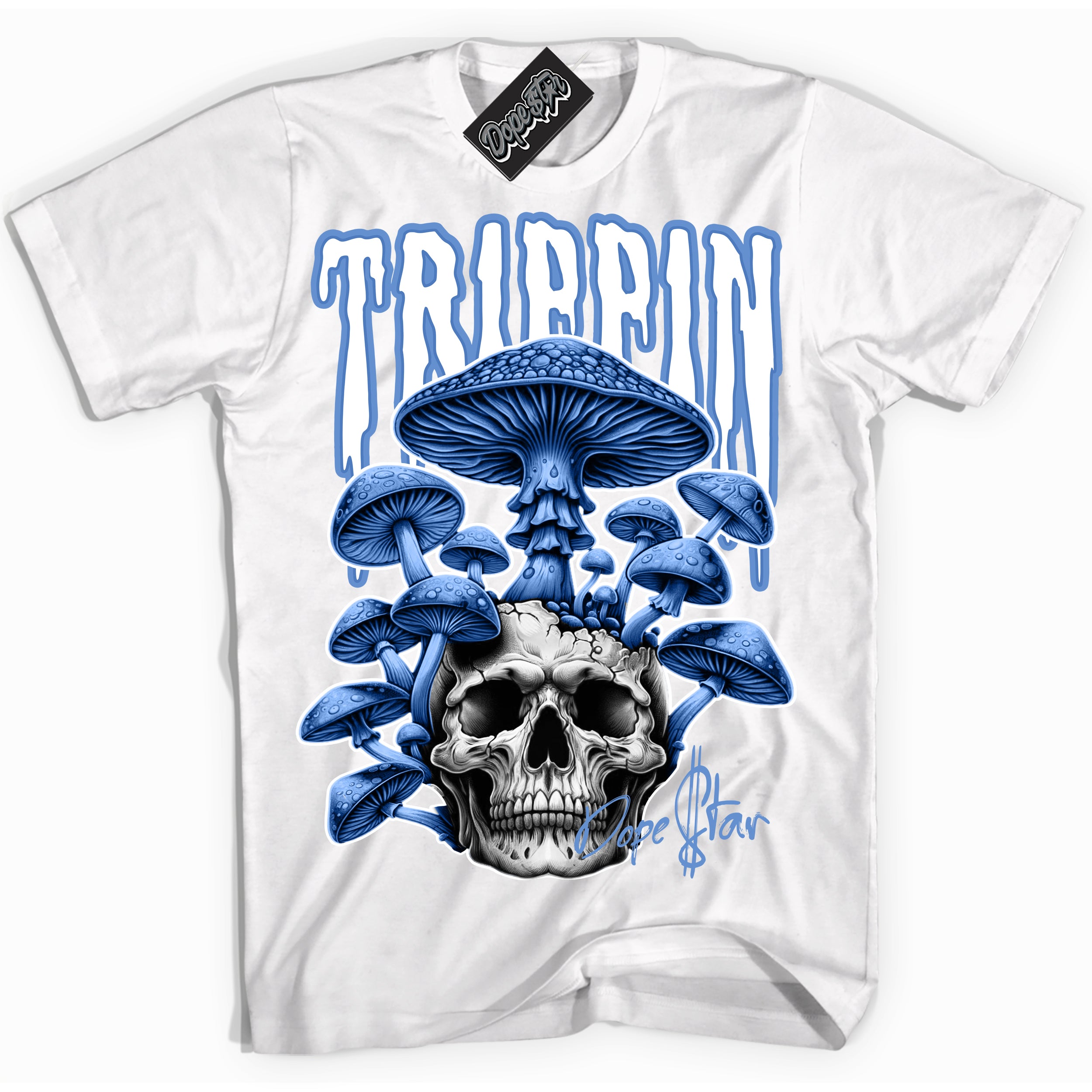 Cool White Shirt with “Trippin” design that perfectly matches the Polar Blue Dunk Sneakers.