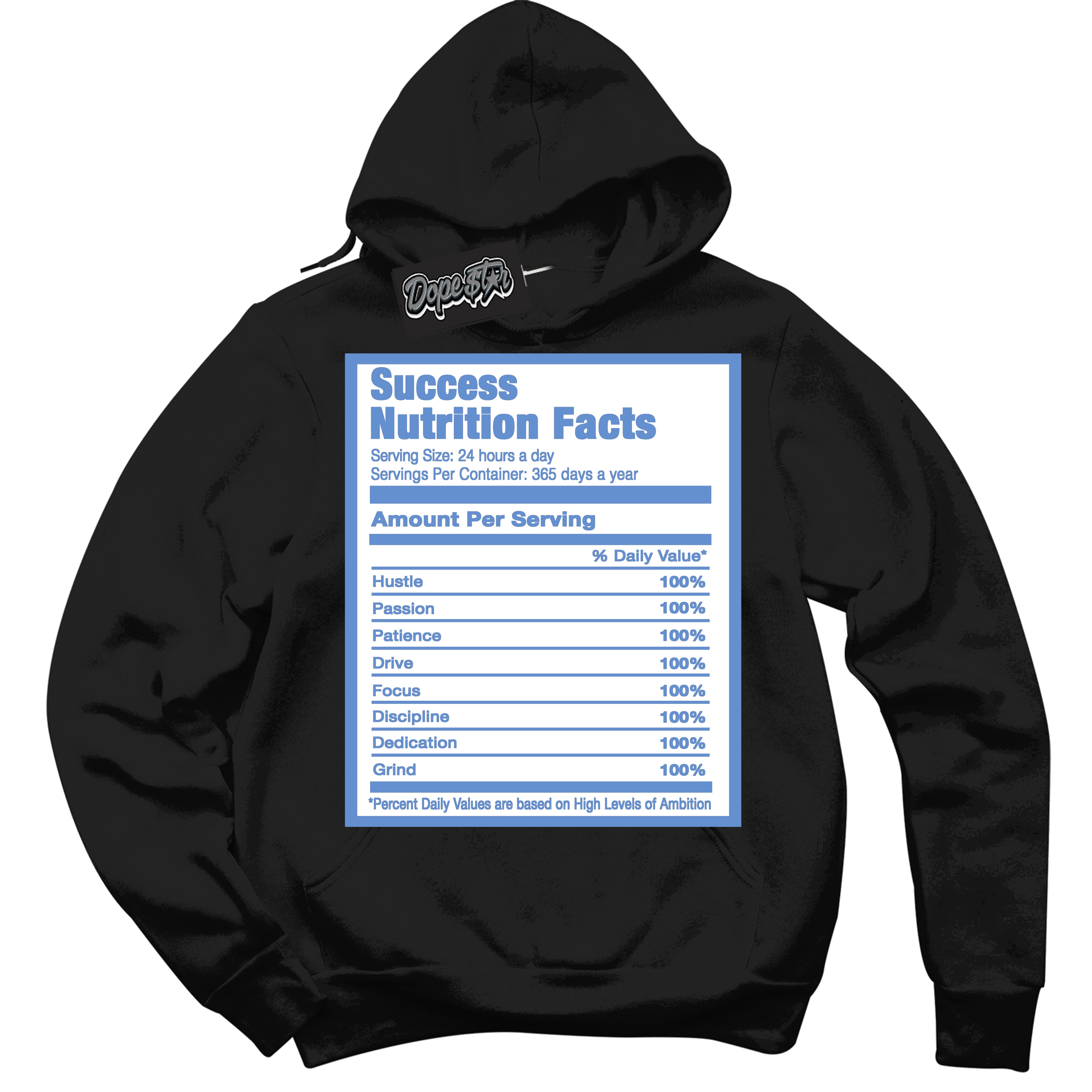 Cool Black Hoodie with “ Success Nutrition ”  design that Perfectly Matches Polar Blue Dunk.
