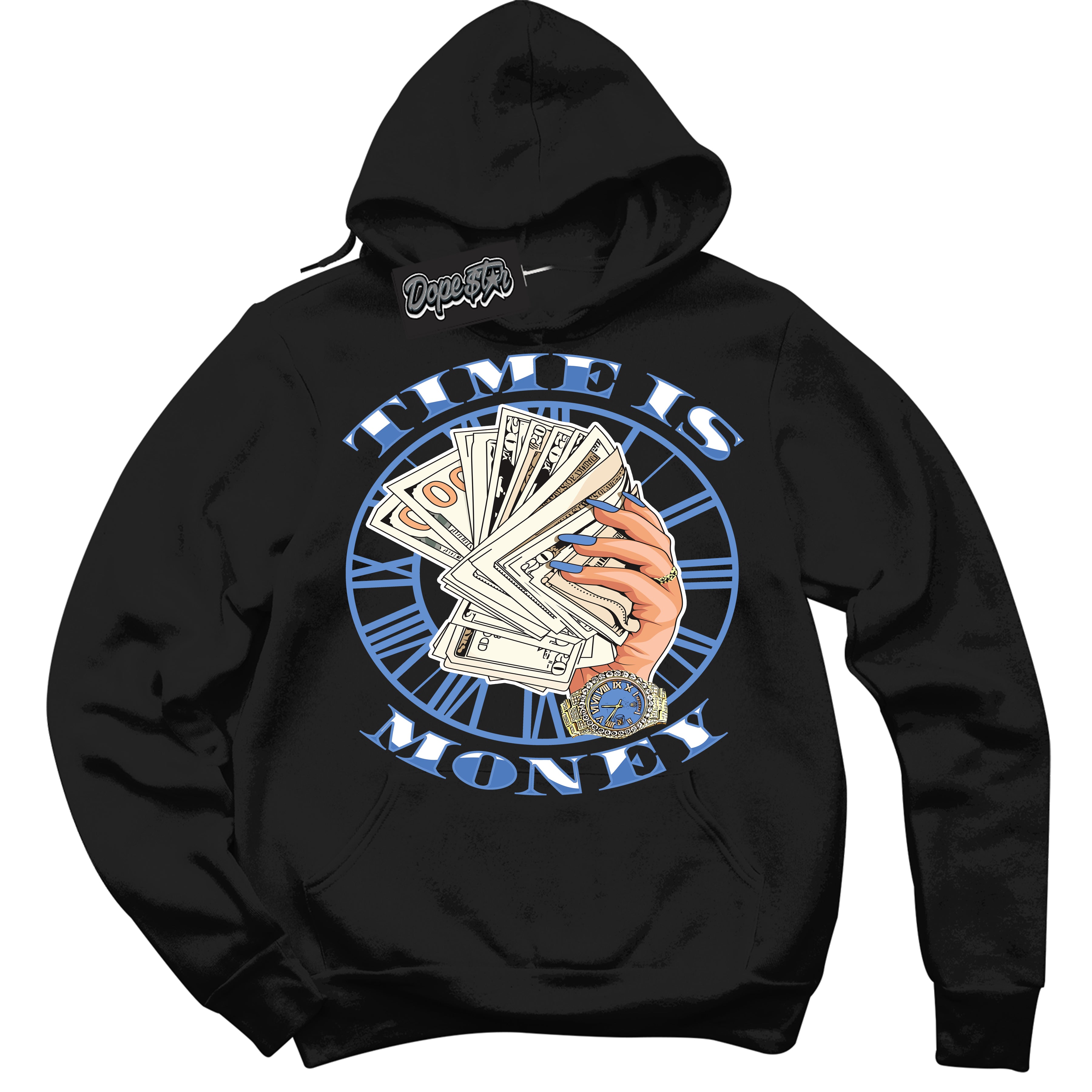 Cool Black Hoodie with “ Time Is Money ”  design that Perfectly Matches Polar Blue Dunk.
